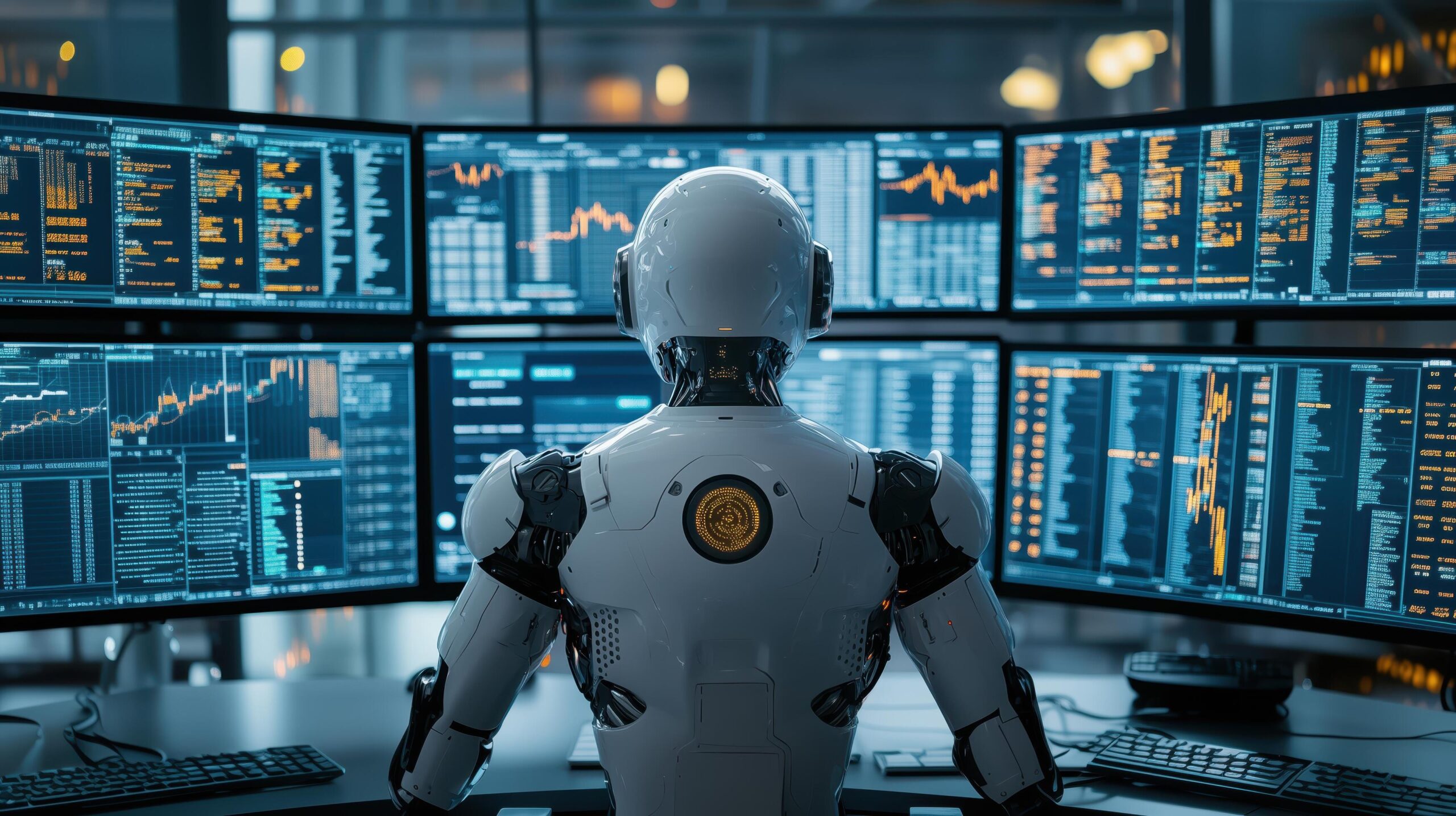 Ai robot trader analyzing data and charts on multiple monitors in a dimly lit office at night Free Photo