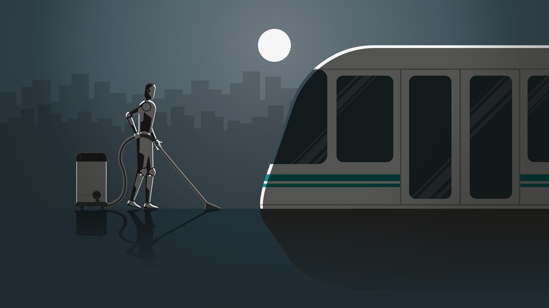 Robot work in train station platform for 24 hours in the dark and full moonlight without people. Free Vector