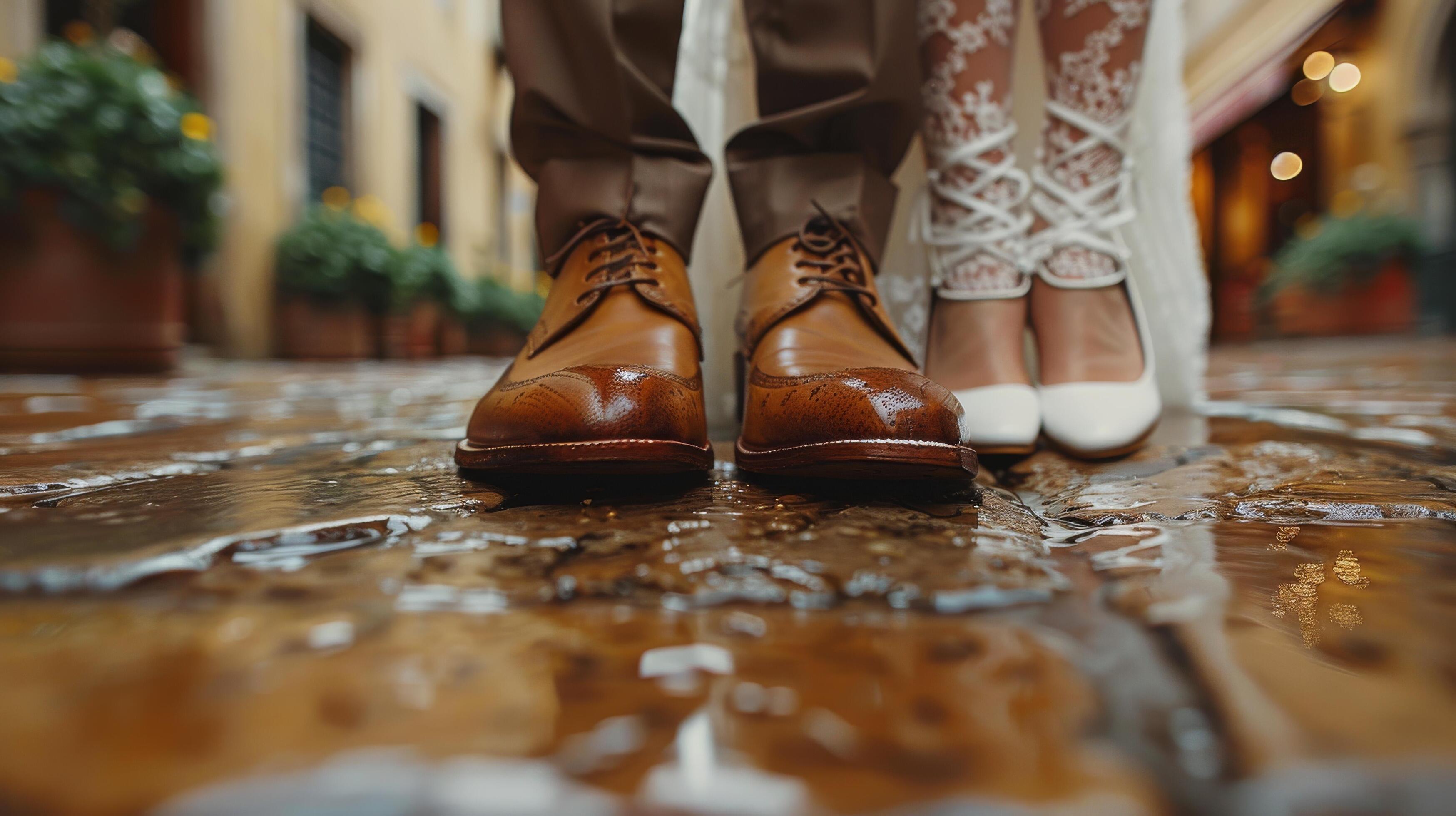 Bride and Groom Walking Down Street Stock Free