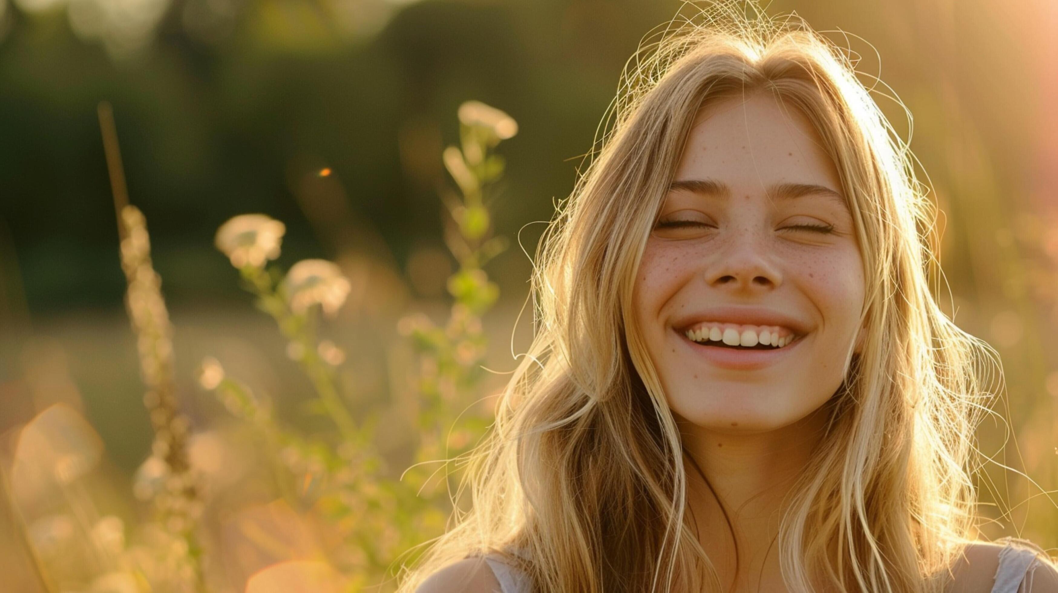 young woman with long blond hair smiling enjoying Stock Free