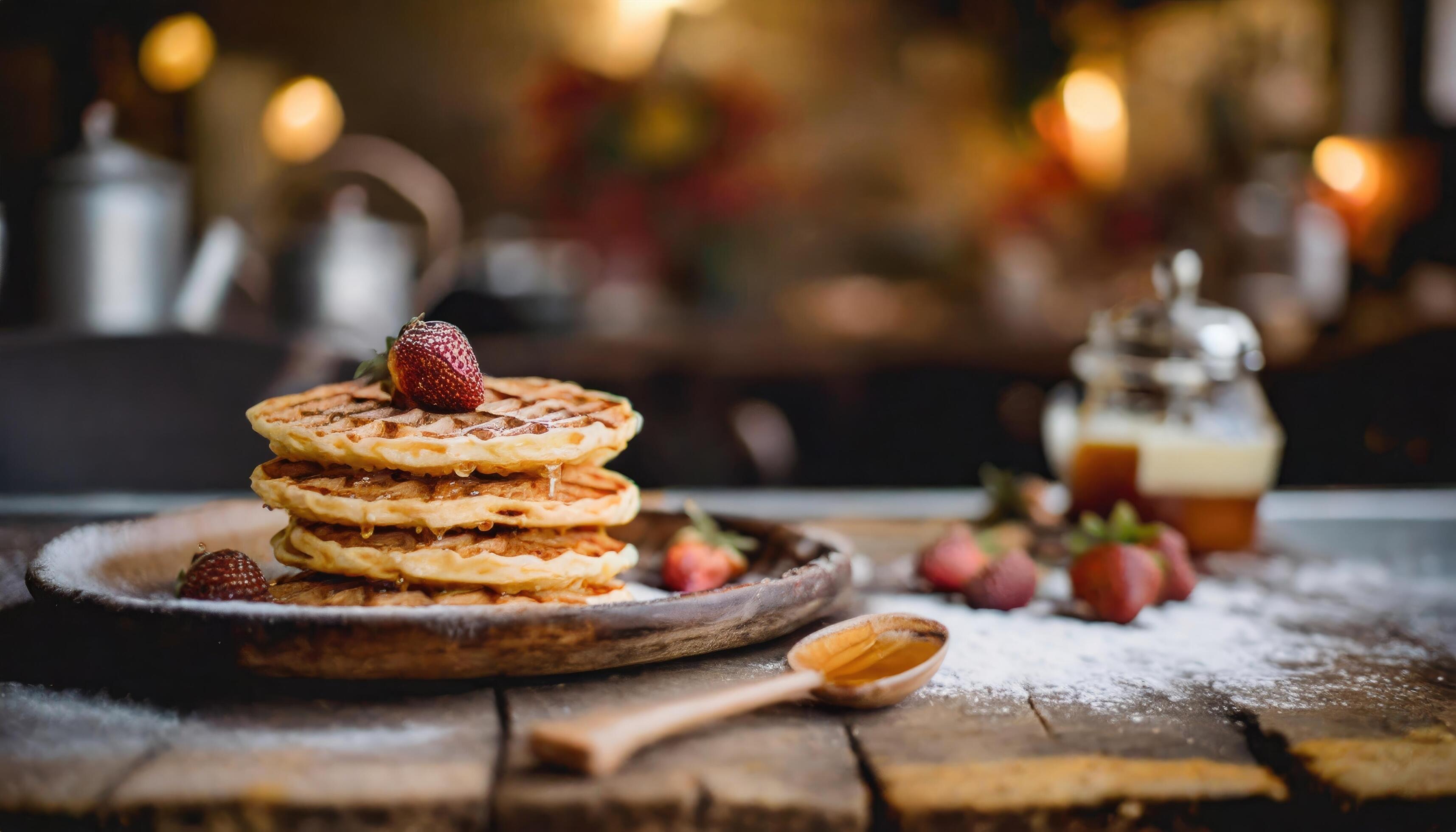 Copy Space image of Delicious viennese waffles with maple syrup drizzle and blackberry on dark brown wood background. Stock Free