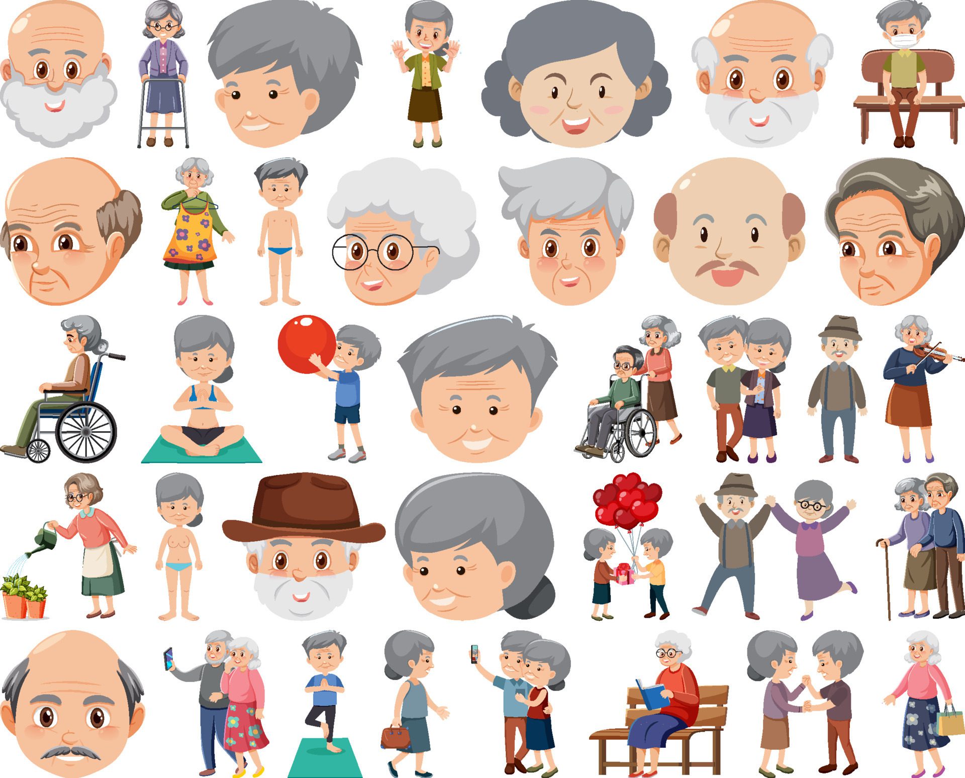 Collection of elderly people icons Free Vector