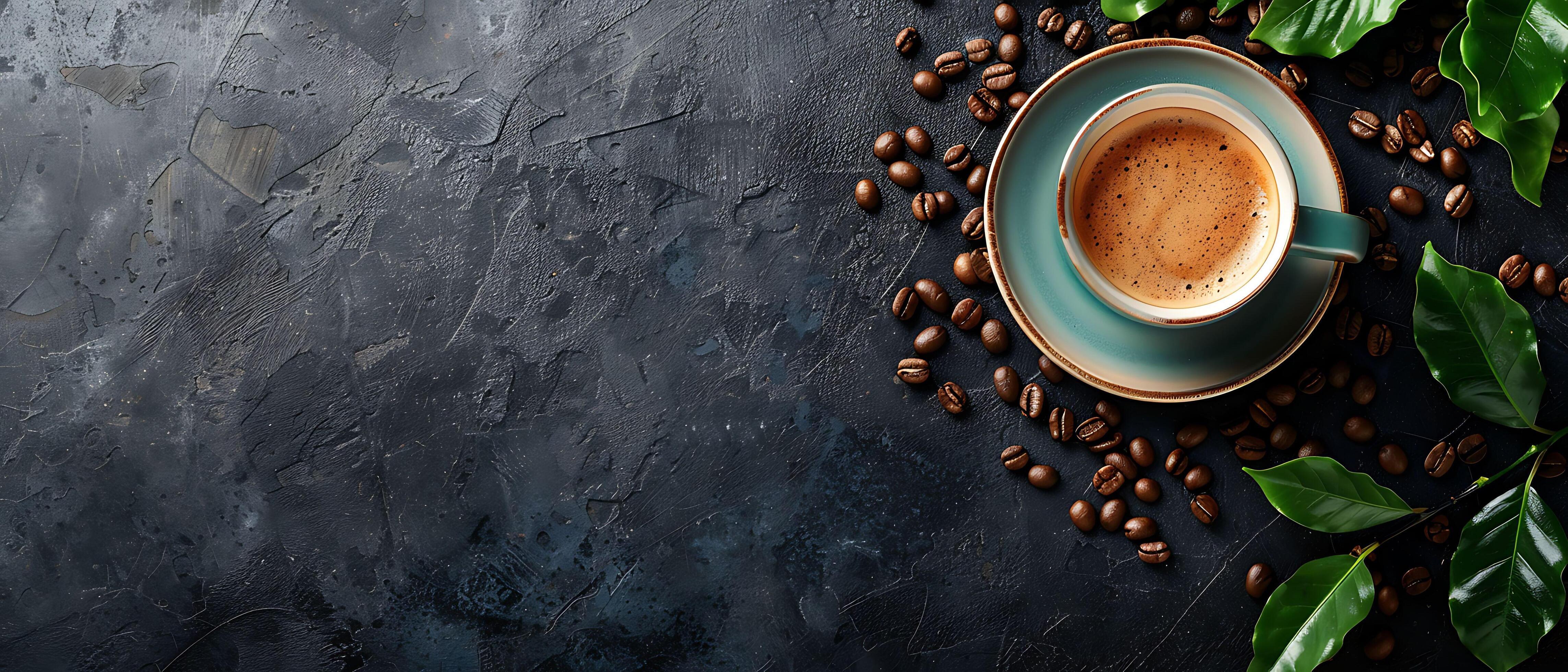 Artisanal Nostalgia – Vintage Coffee Cup and Beans on Dark Stone Background with Copy Space. Stock Free