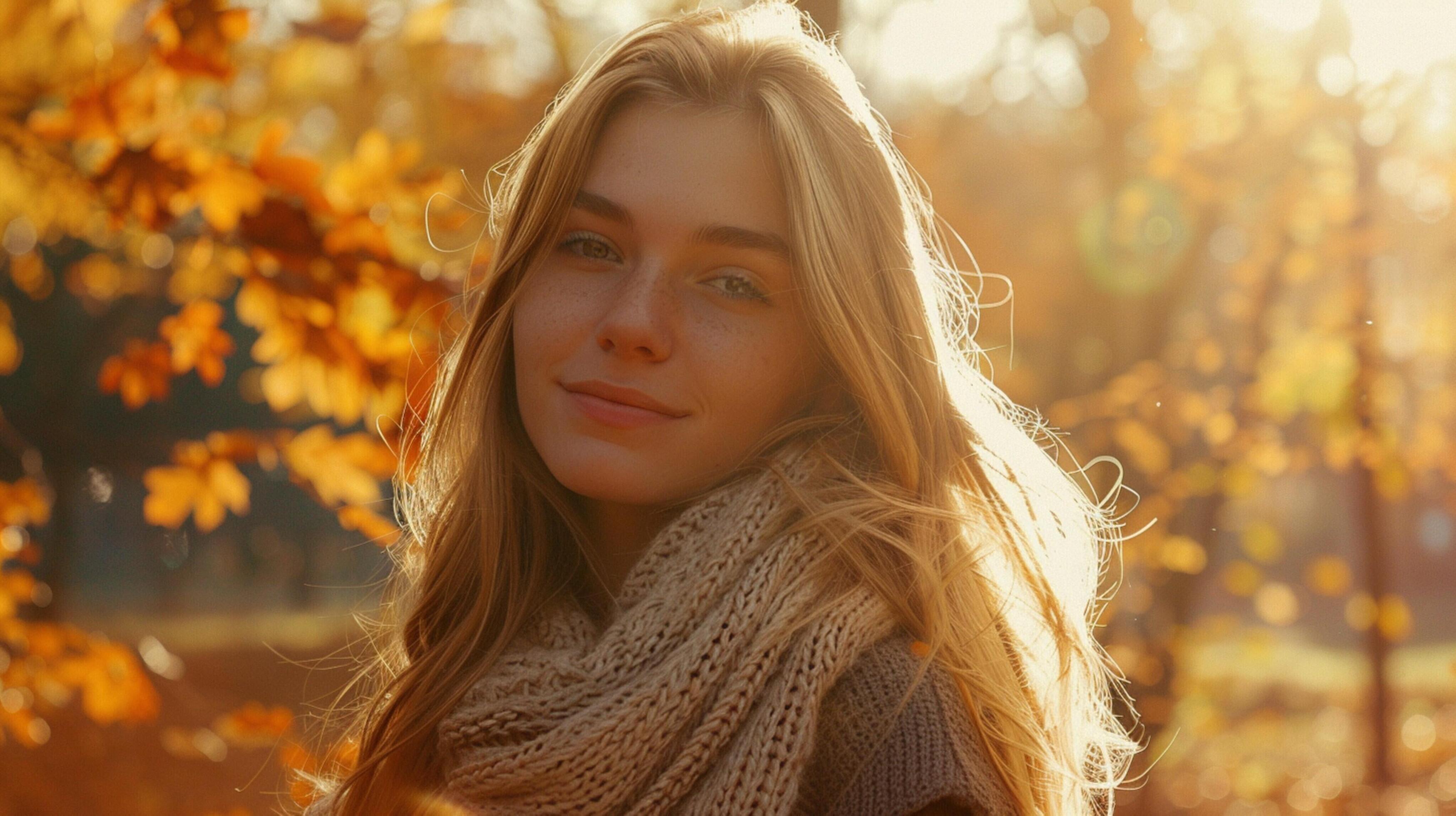 young woman with long blond hair enjoying autumn Stock Free