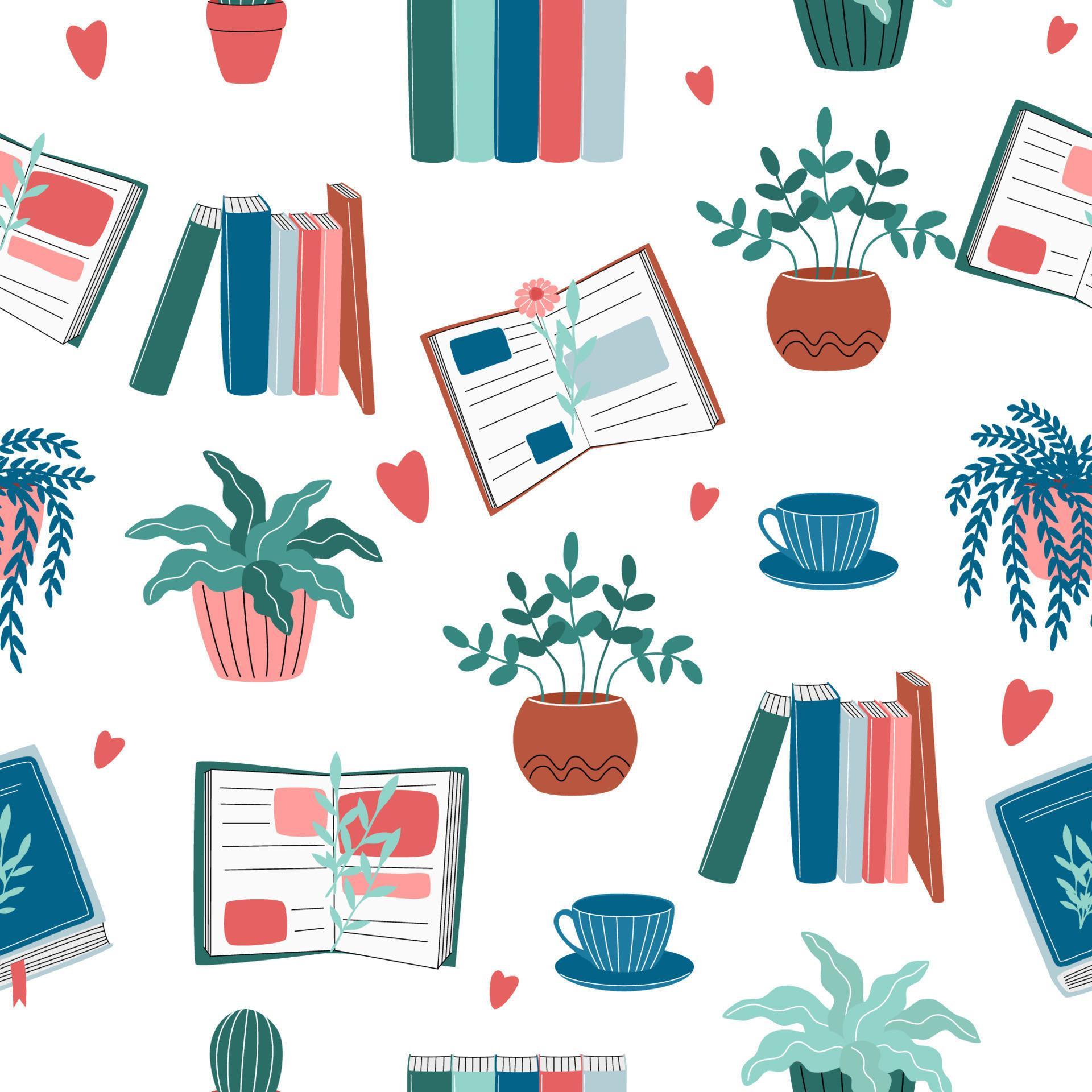 Seamless pattern with decorative home plants in pot and books. Natural houseplants texture. Beautiful flowers, house decorations vector illustration. Stock Free