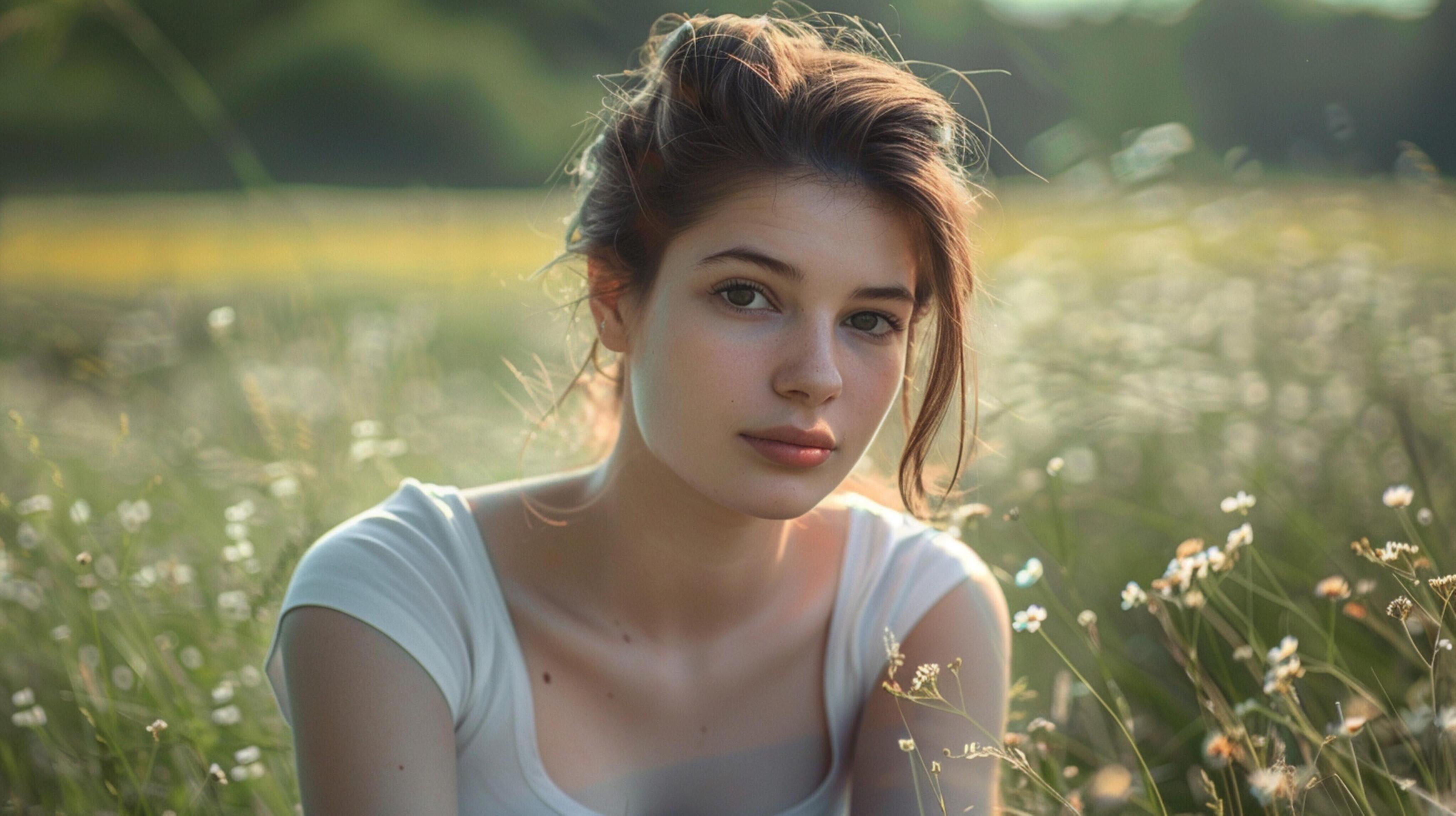 young woman sitting outdoors looking at camera Stock Free