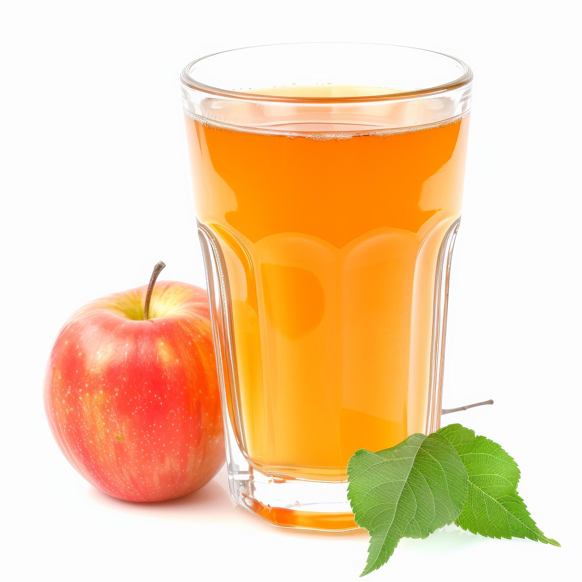 A glass of apple juice with a whole apple and leaves on a white background Stock Free