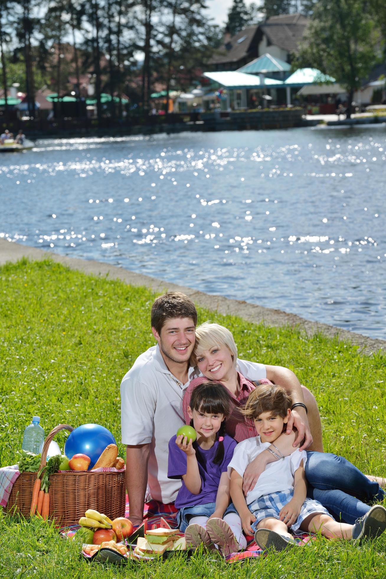 Happy family playing together in a picnic outdoors Stock Free