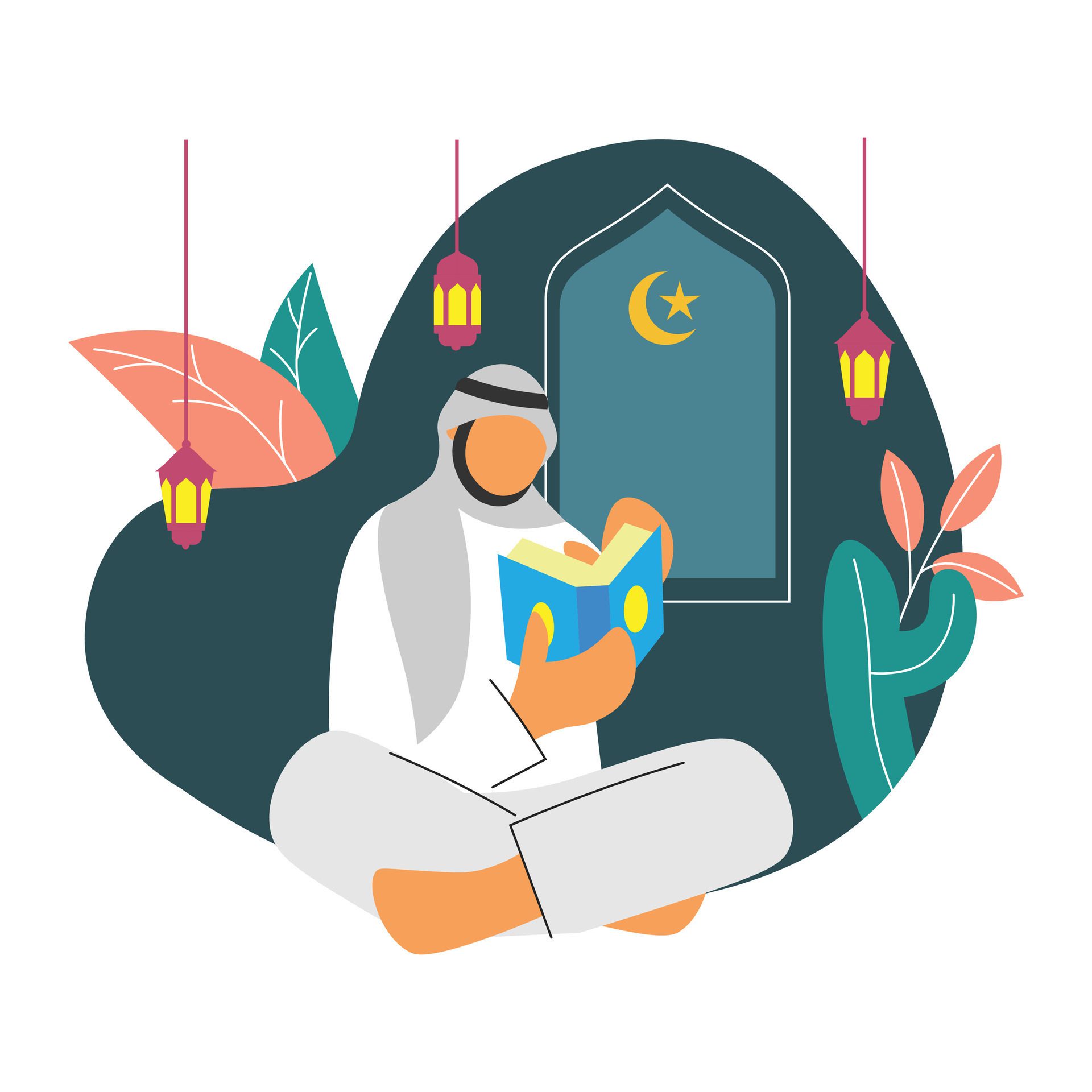 Flat illustration of muslim man reading holy quran. Ramadan kareem. Muslim people Free Vector