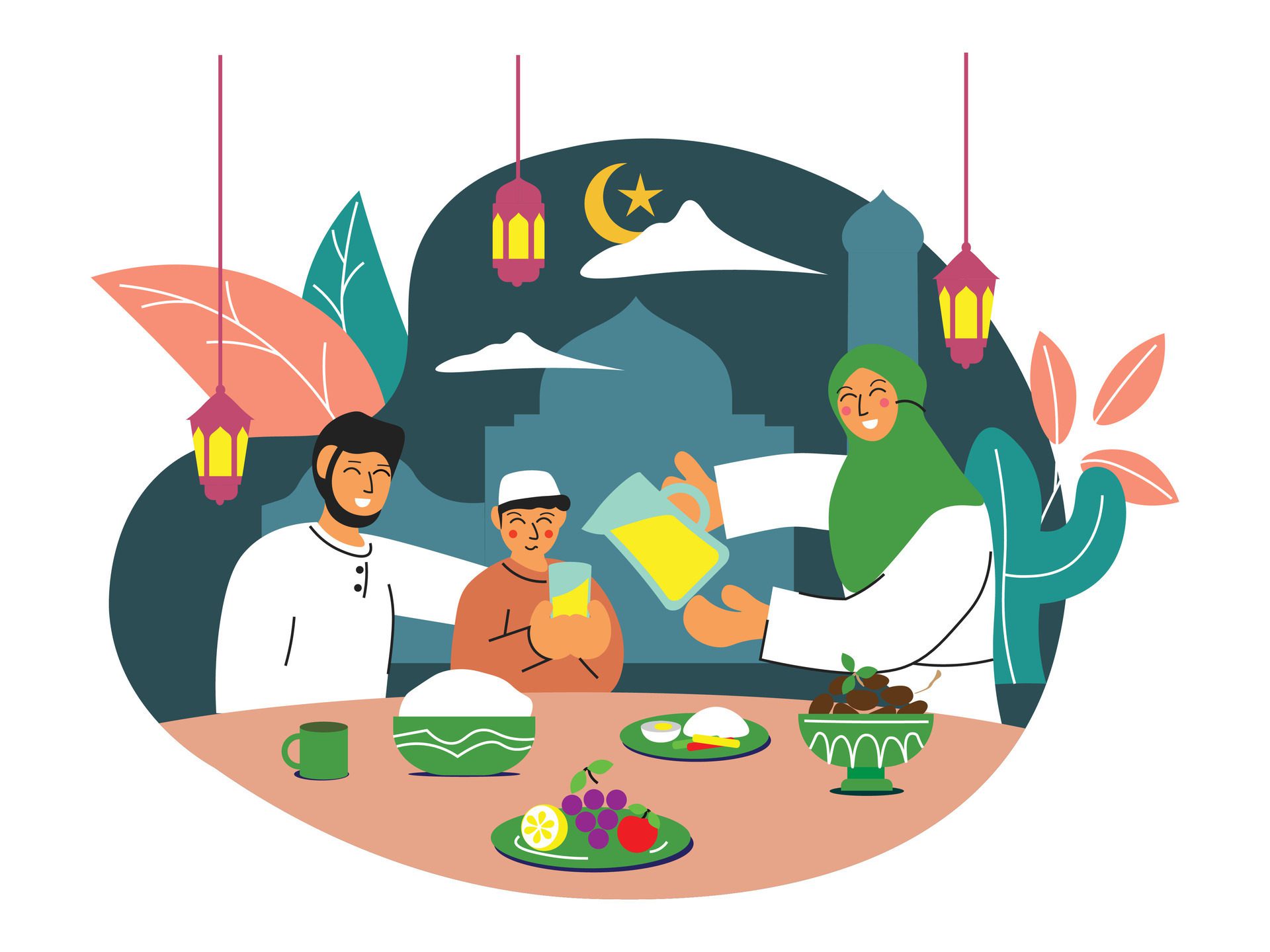 Iftar flat illustration with food on the table. People pray for iftar Free Vector