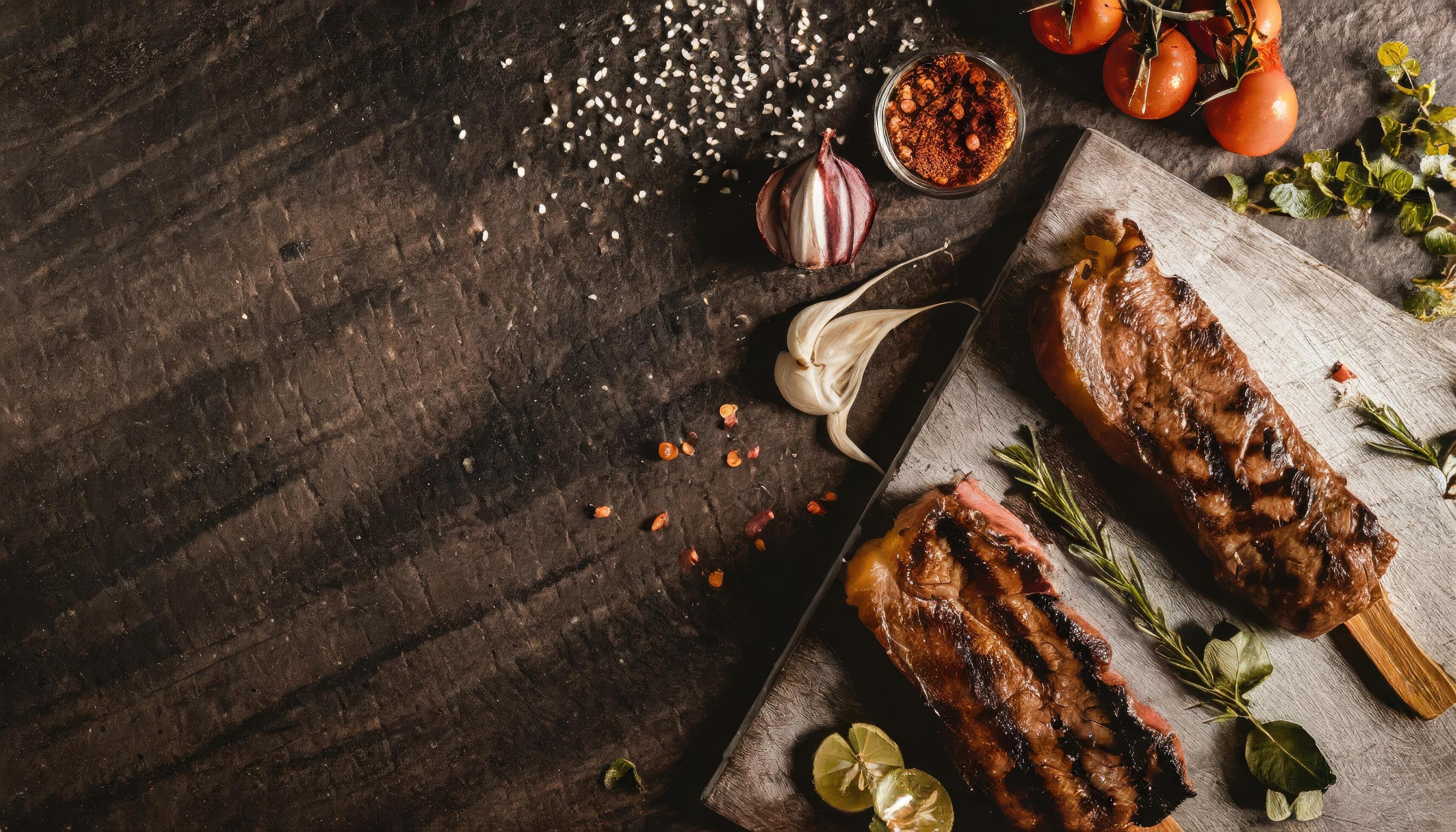 BBQ Grilled rib eye steak, fried rib eye beef meat on a plate with green salad. Dark background. Stock Free