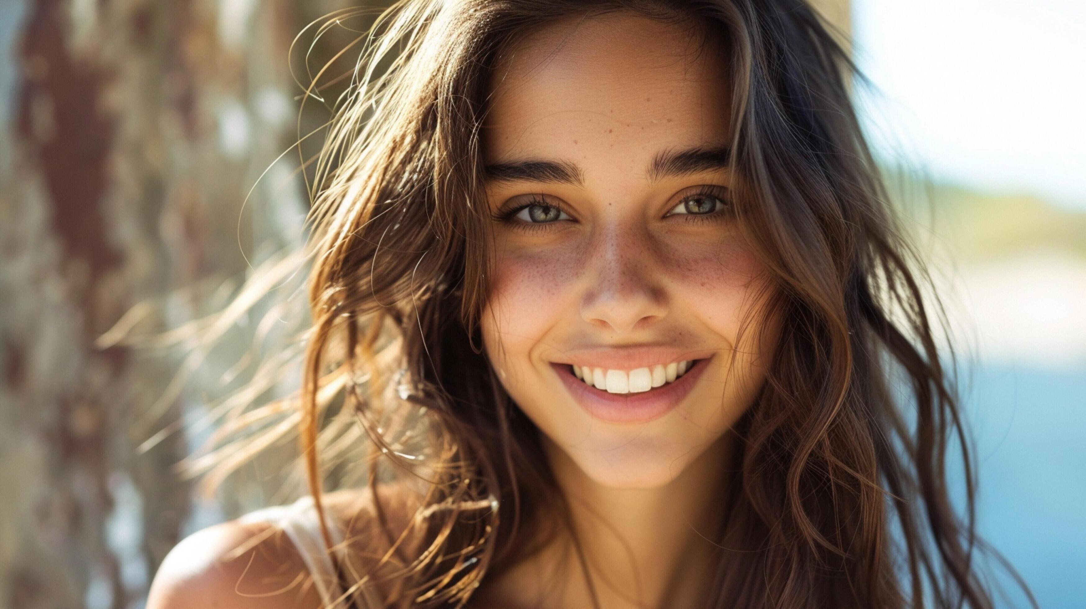 young woman with long brown hair smiling Stock Free