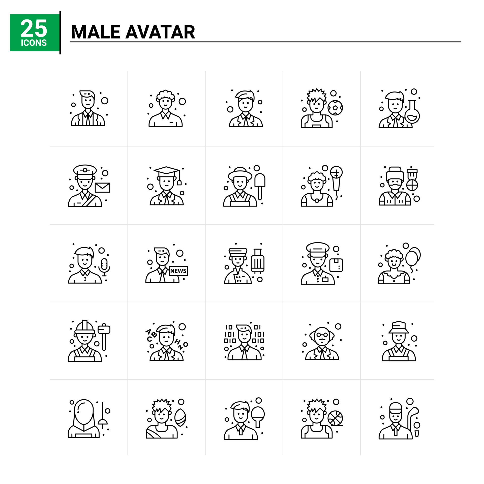 25 Male Avatar icon set vector background Free Vector