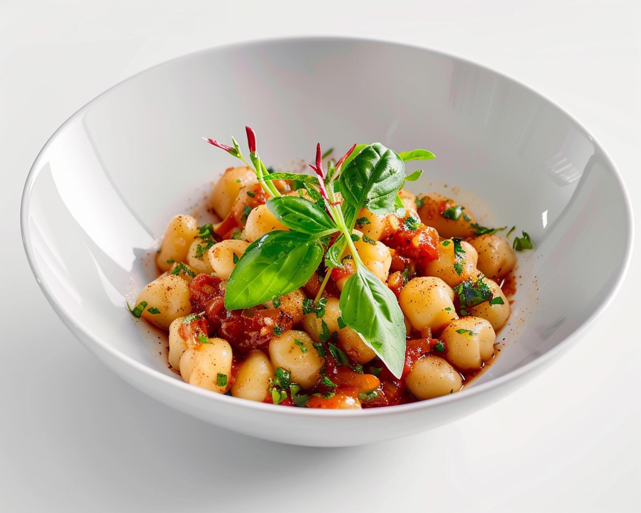 a bowl of pasta with tomato sauce and basil leaves Stock Free