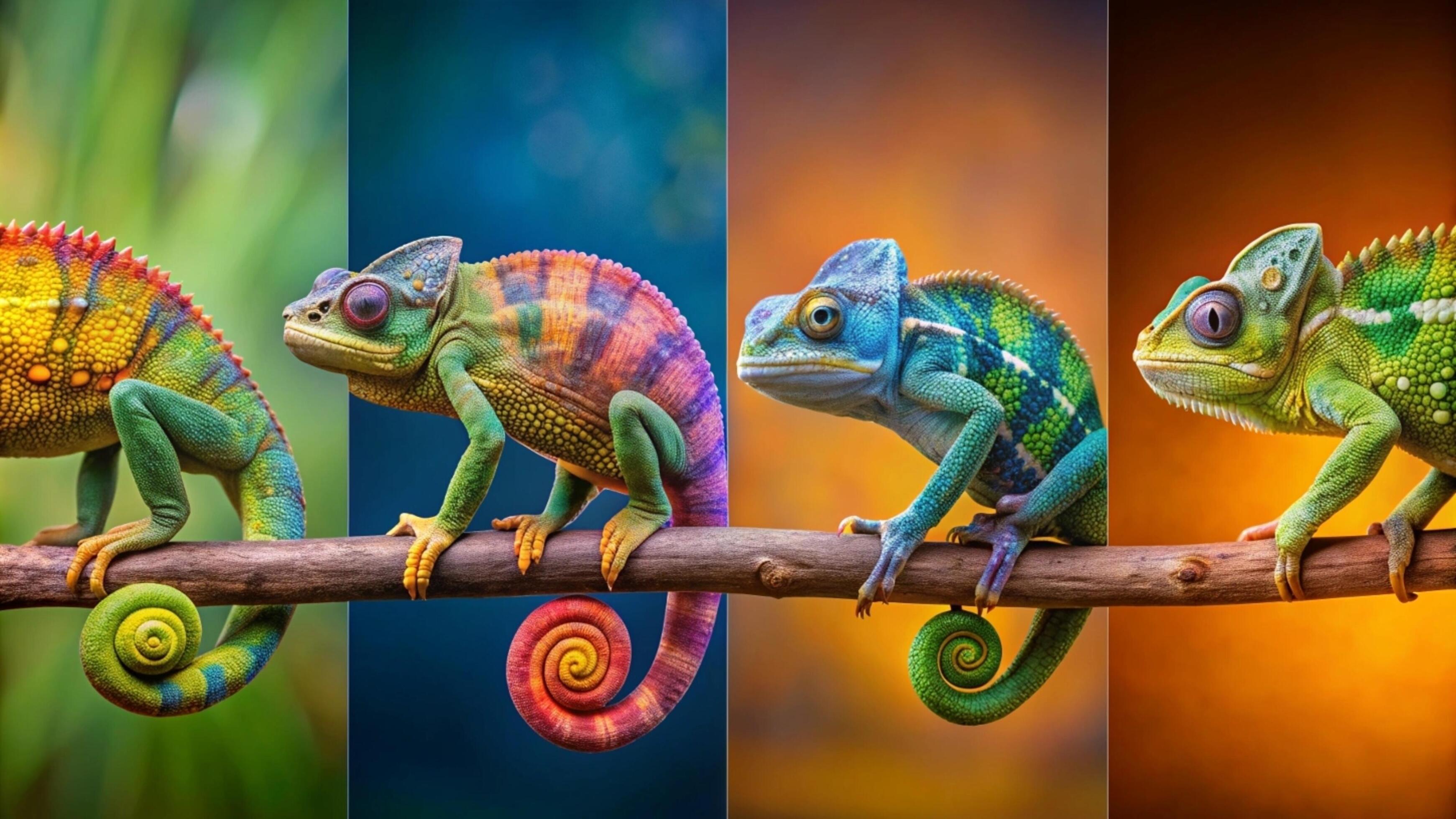 A vibrant chameleon camouflaging against a lush green forest background. Stock Free