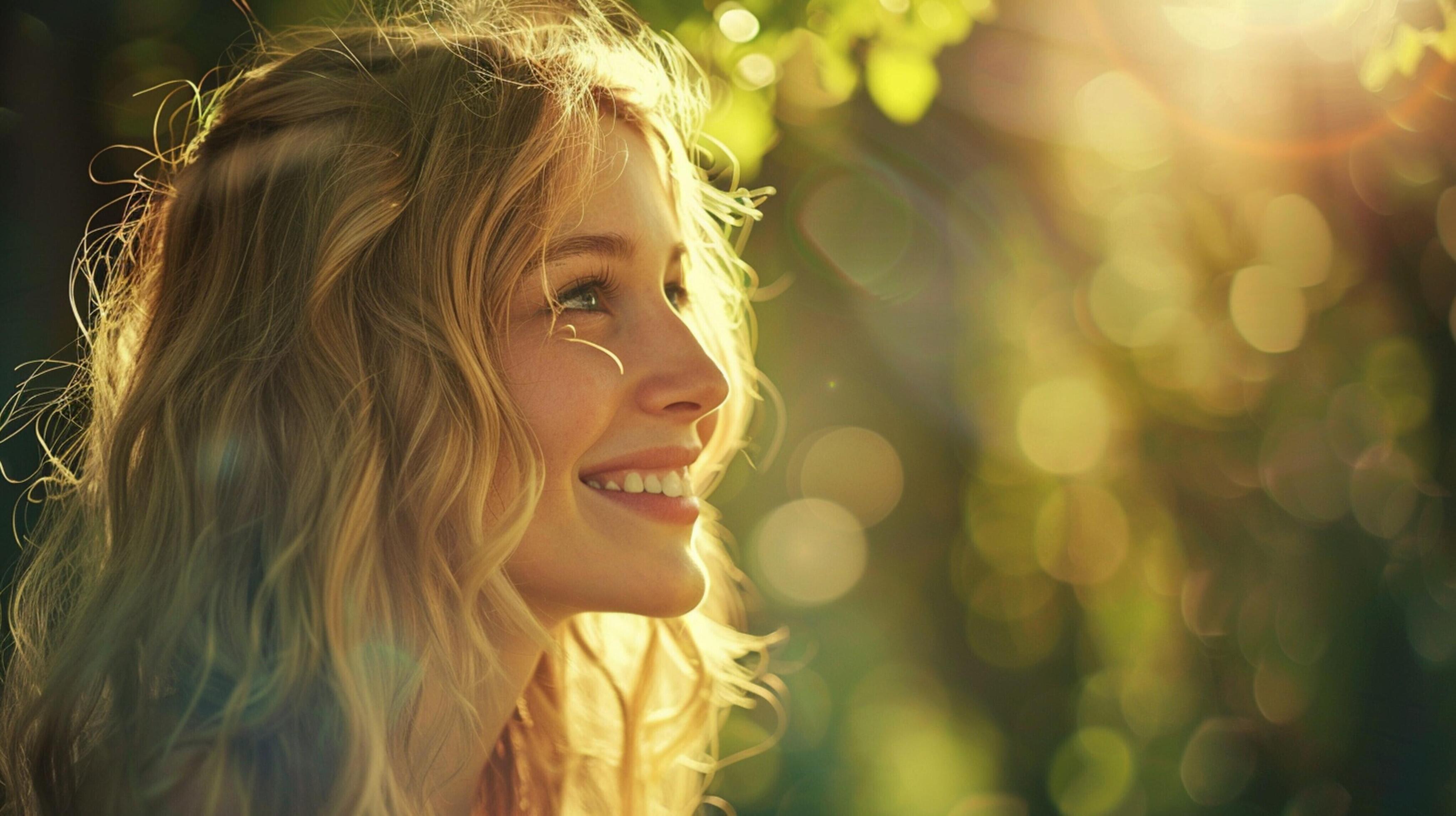 young woman with long blond hair smiling enjoying Stock Free