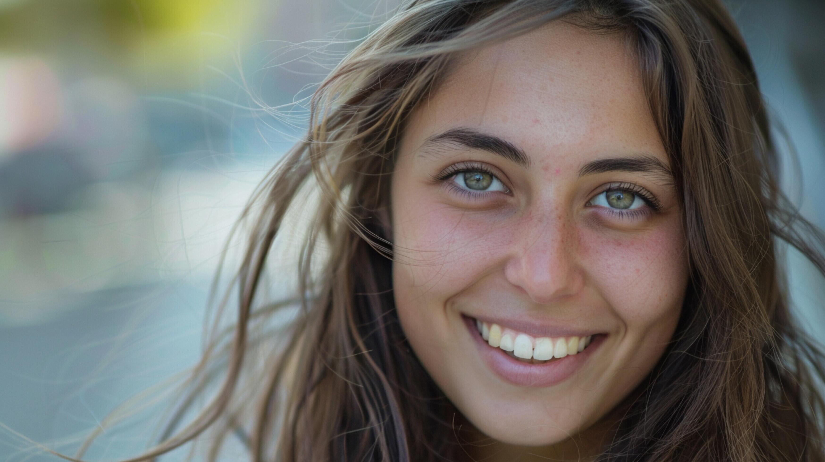 young woman with long brown hair smiling Stock Free