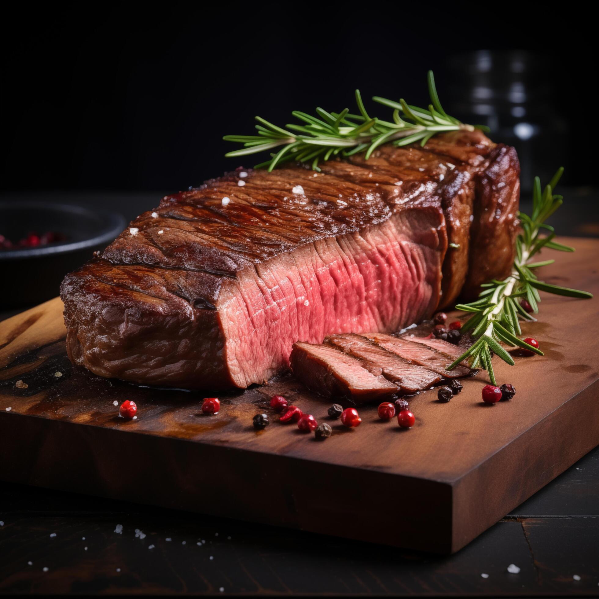 
									Piece of rump steak on cutting board dark background. Cured spiced and smoked Pastrami. Photo for restaurant menu, advertising, delivery, banner Stock Free