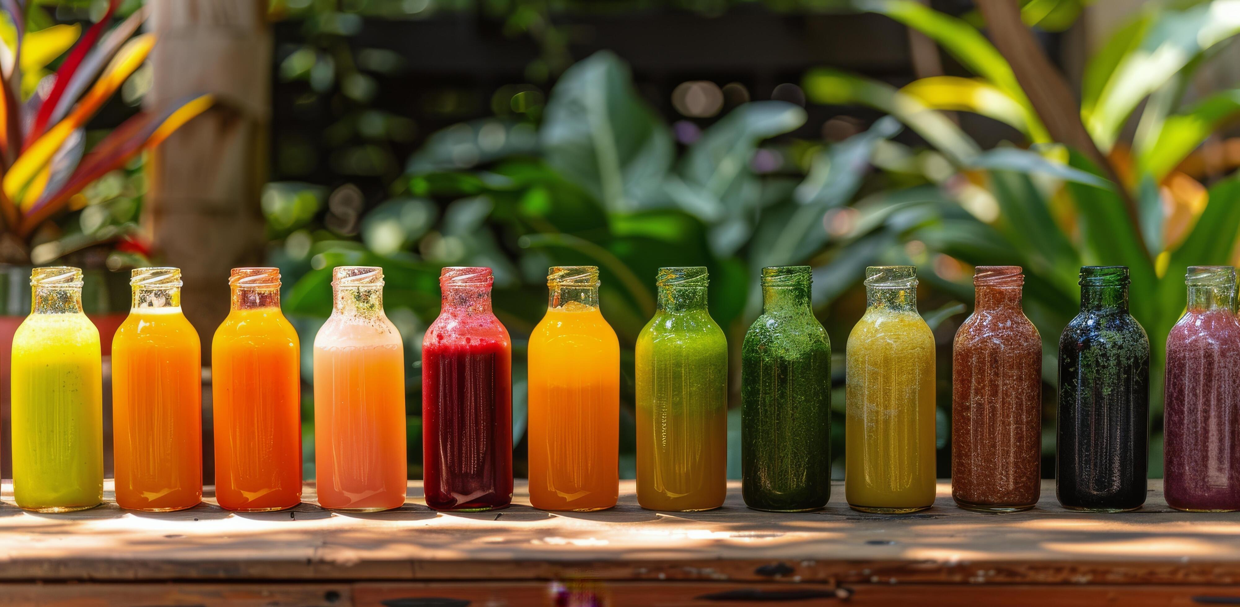 Colorful Glass Bottles of Juice Lined Up on Wooden Table With Green Plants in Background Stock Free