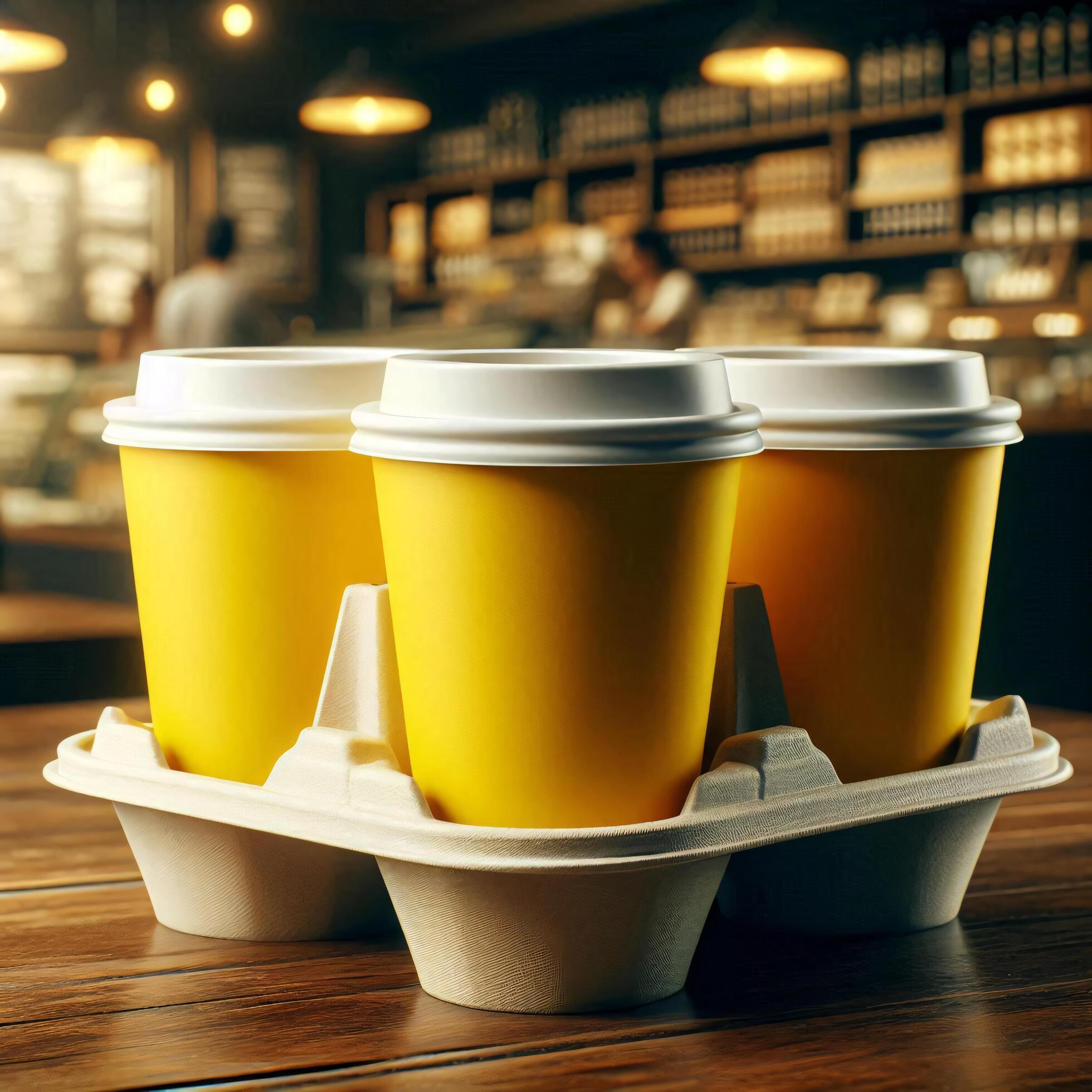 Colorful Takeaway Cups in a Carrier with a Blurred Coffee Shop Background for Mockup and Branding Use Stock Free