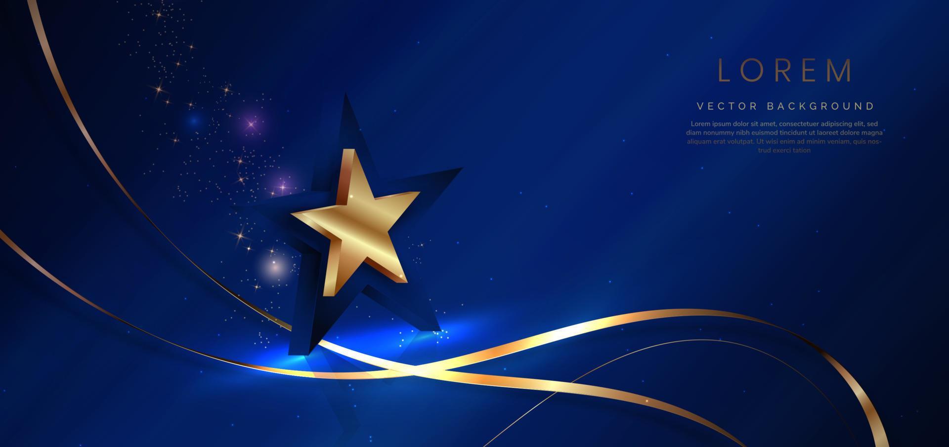 3d golden star with golden ribbon curved on dark blue background. Template luxury premium award design. Stock Free