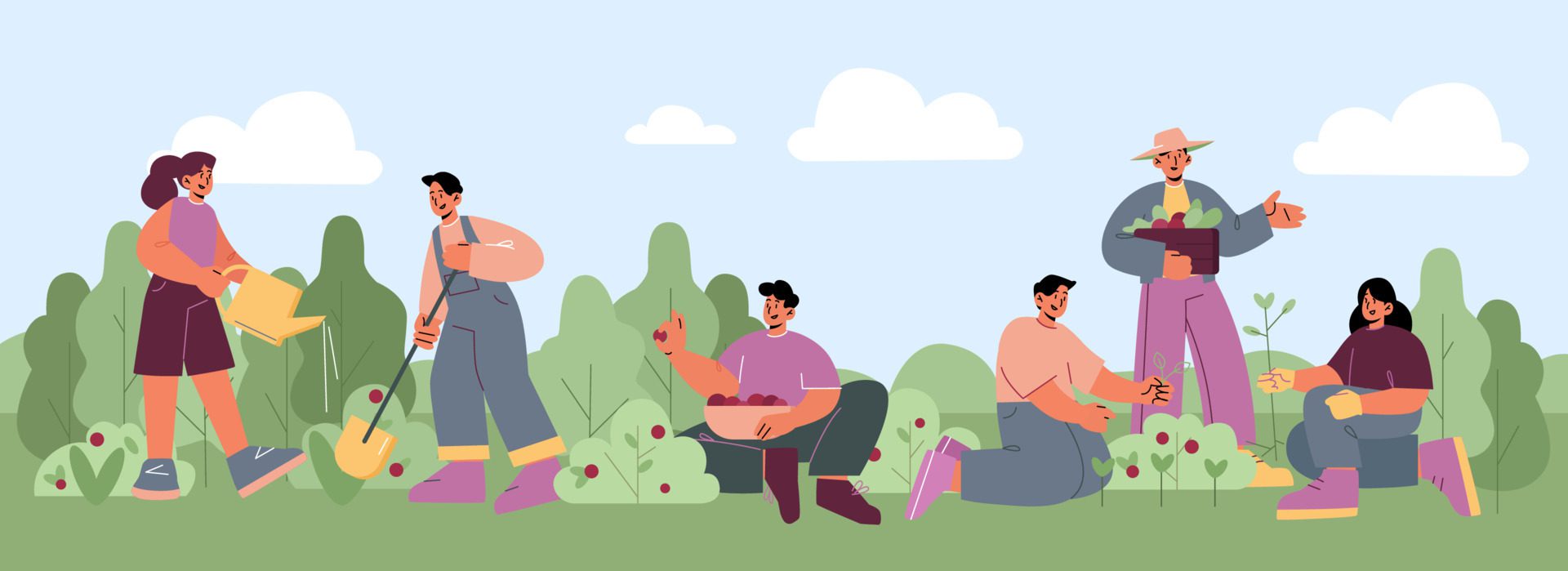 People work in garden, plant and harvest Free Vector