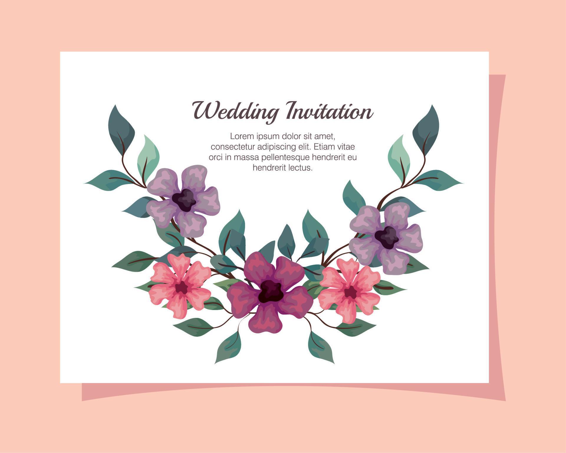 greeting card with flowers pink, purple and lilac color, wedding invitation with flowers with branches and leaves decoration Stock Free