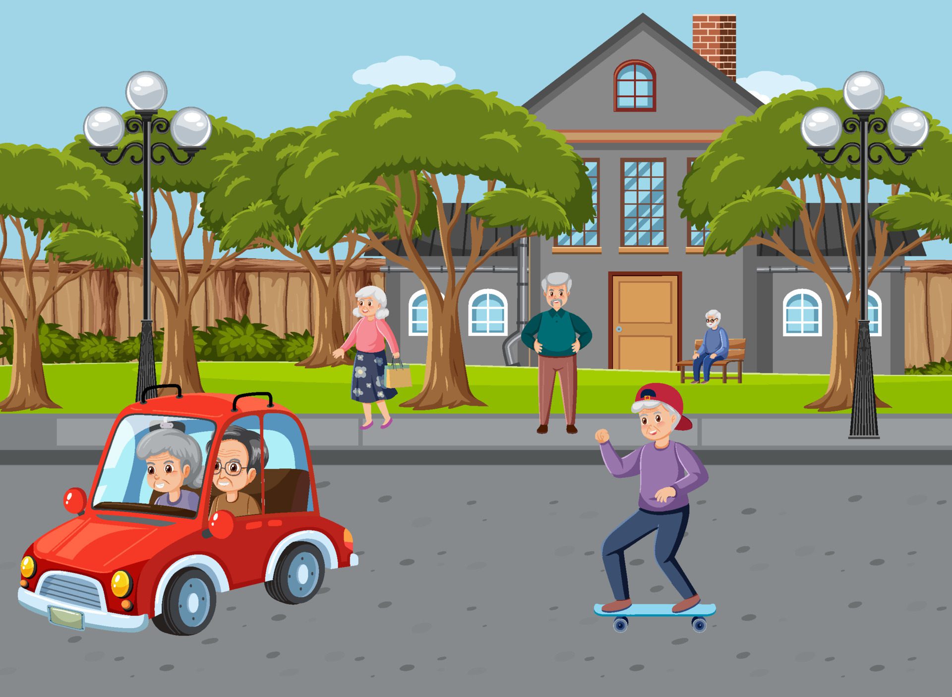 Outdoor scene with elderly people Free Vector