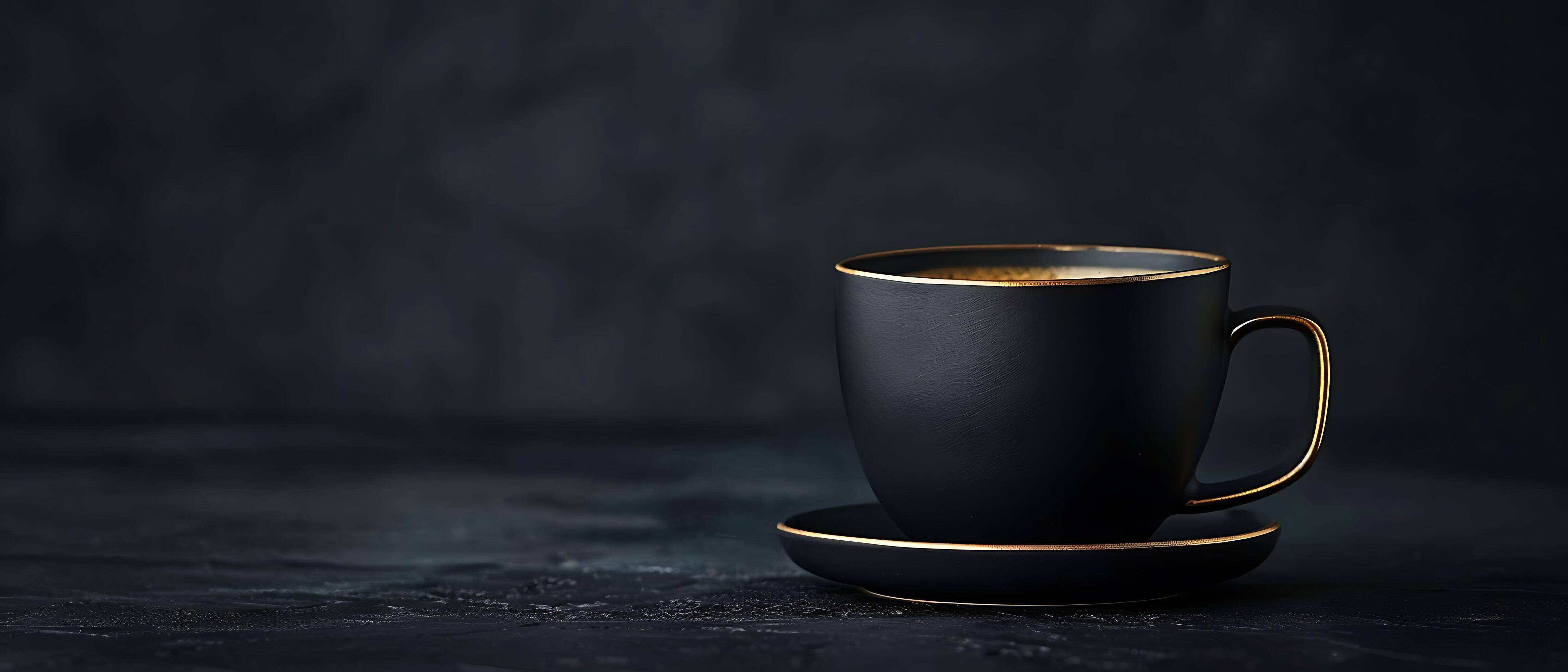 Sophisticated Black and Gold Coffee Cup on Dark Matte Background with Copy Space Stock Free