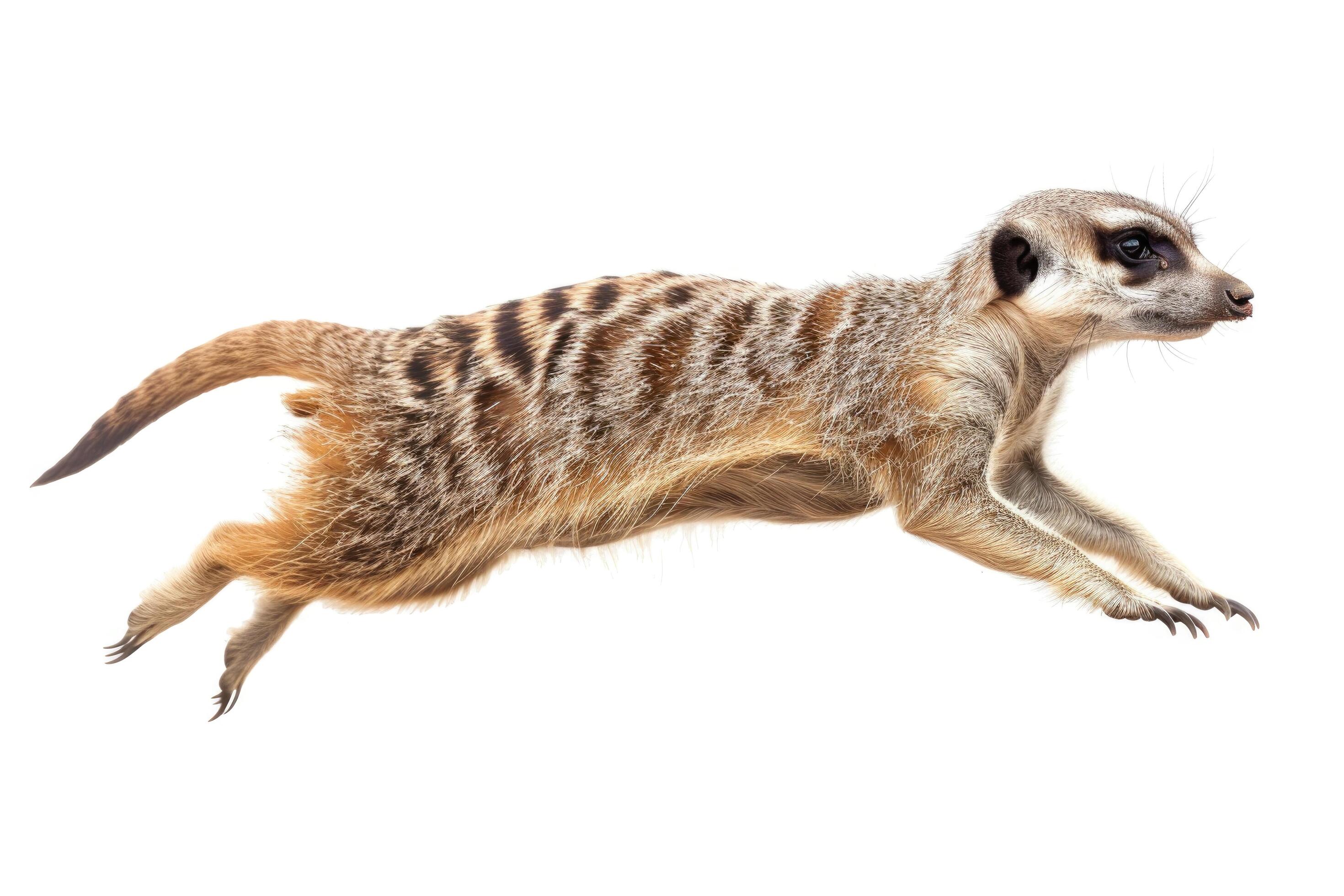 A meerkat mid-jump, alert and agile, isolated on a white background Stock Free