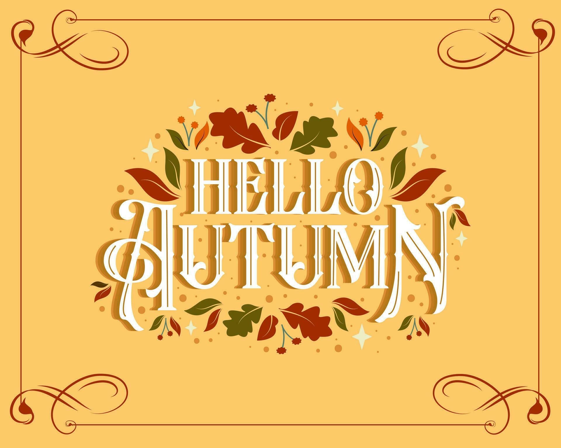 Hello Autumn lettering flat design with flower background Stock Free