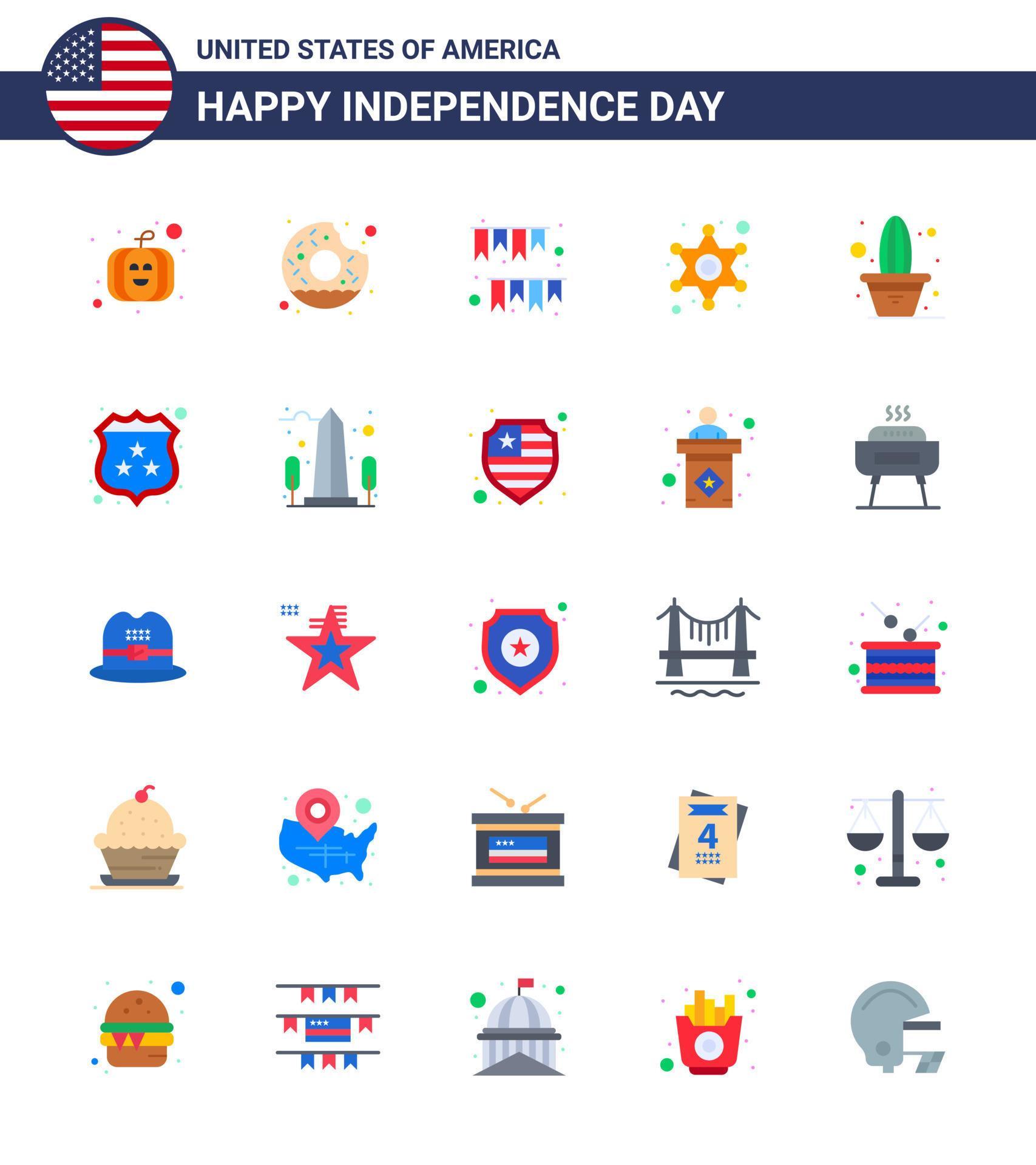 Happy Independence Day Pack of 25 Flats Signs and Symbols for flower police sign garland star men Editable USA Day Vector Design Elements Stock Free