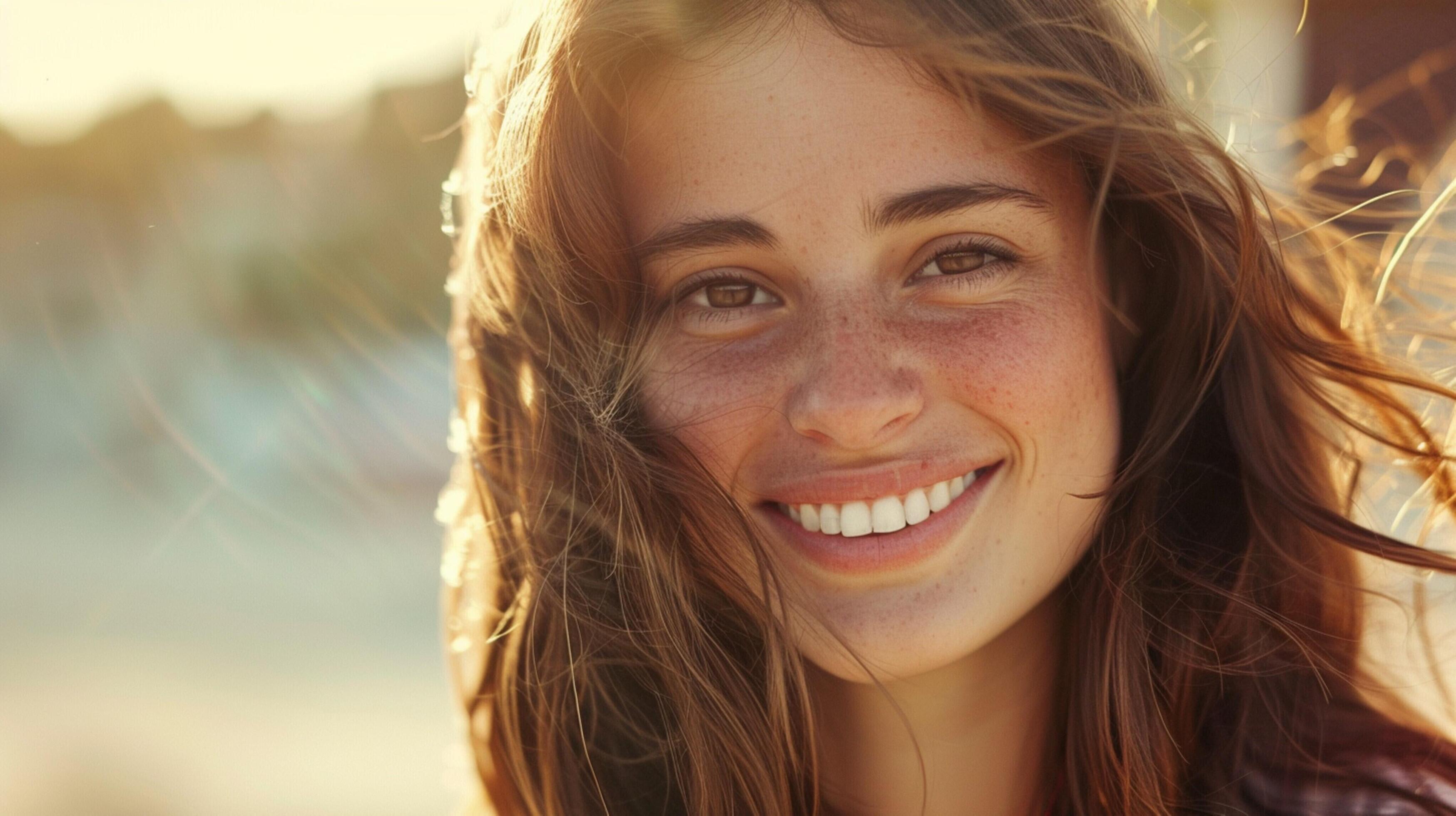 
									young woman with long brown hair smiling Stock Free