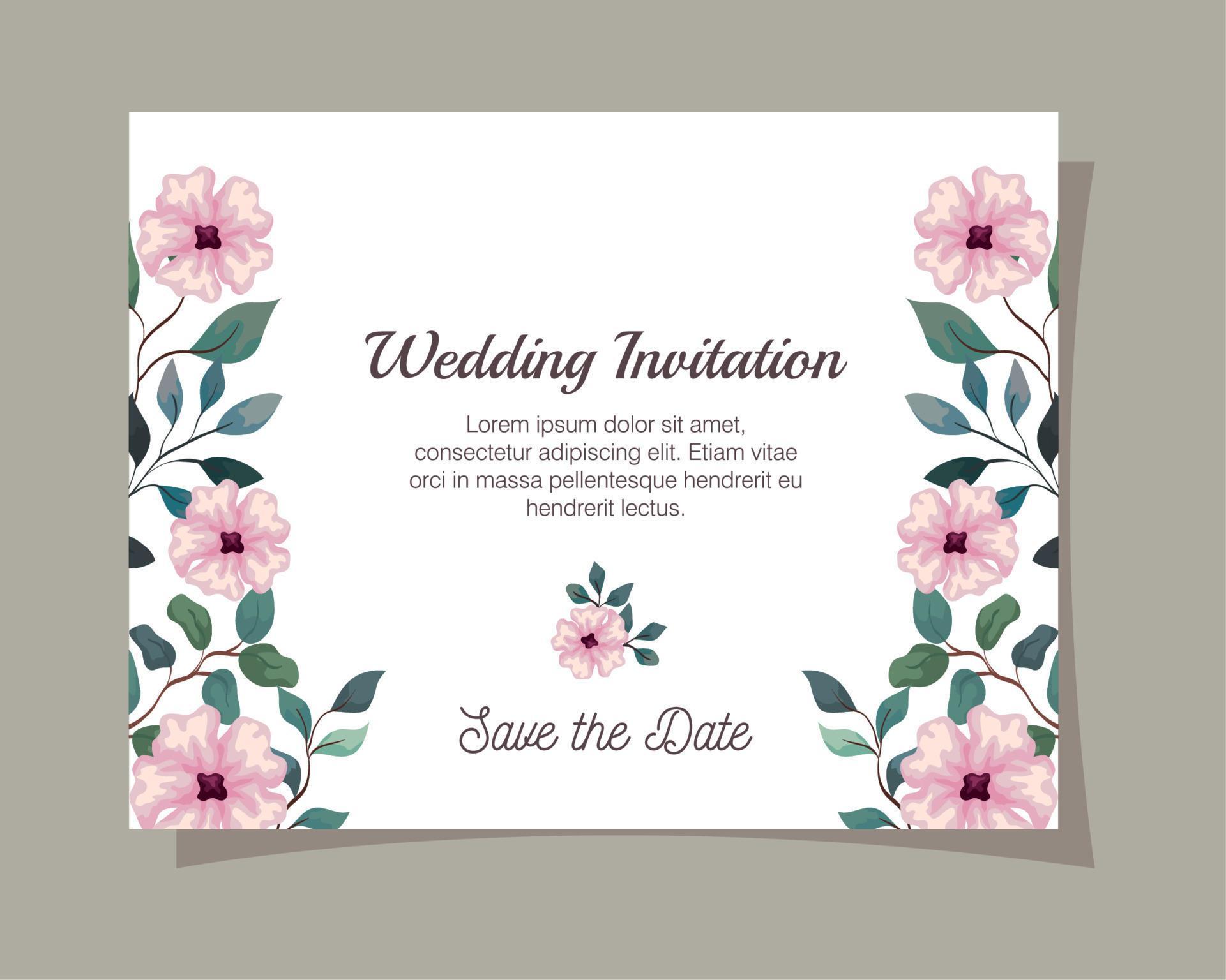 greeting card with flowers pink color, wedding invitation with flowers pink color with branches and leaves decoration Stock Free