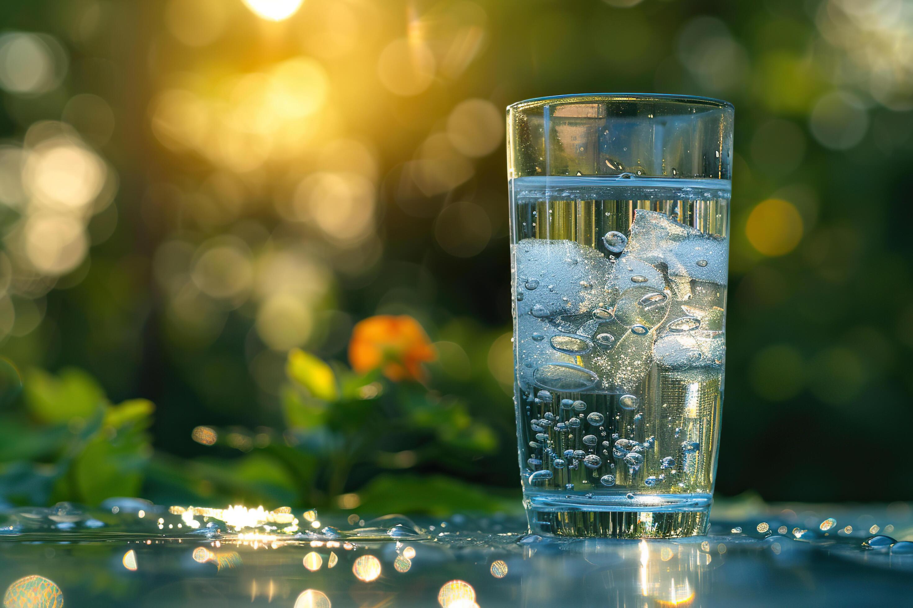 A glass of clean water stands on a wooden tabletop against a blurred natural background. Health and environment concept. Stock Free