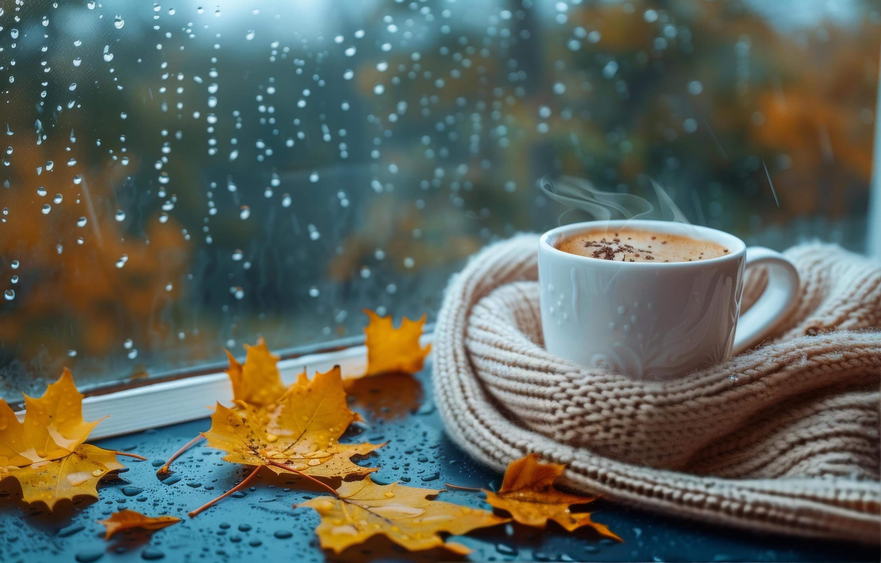 A Cup Of Coffee On A Rainy Autumn Day Stock Free