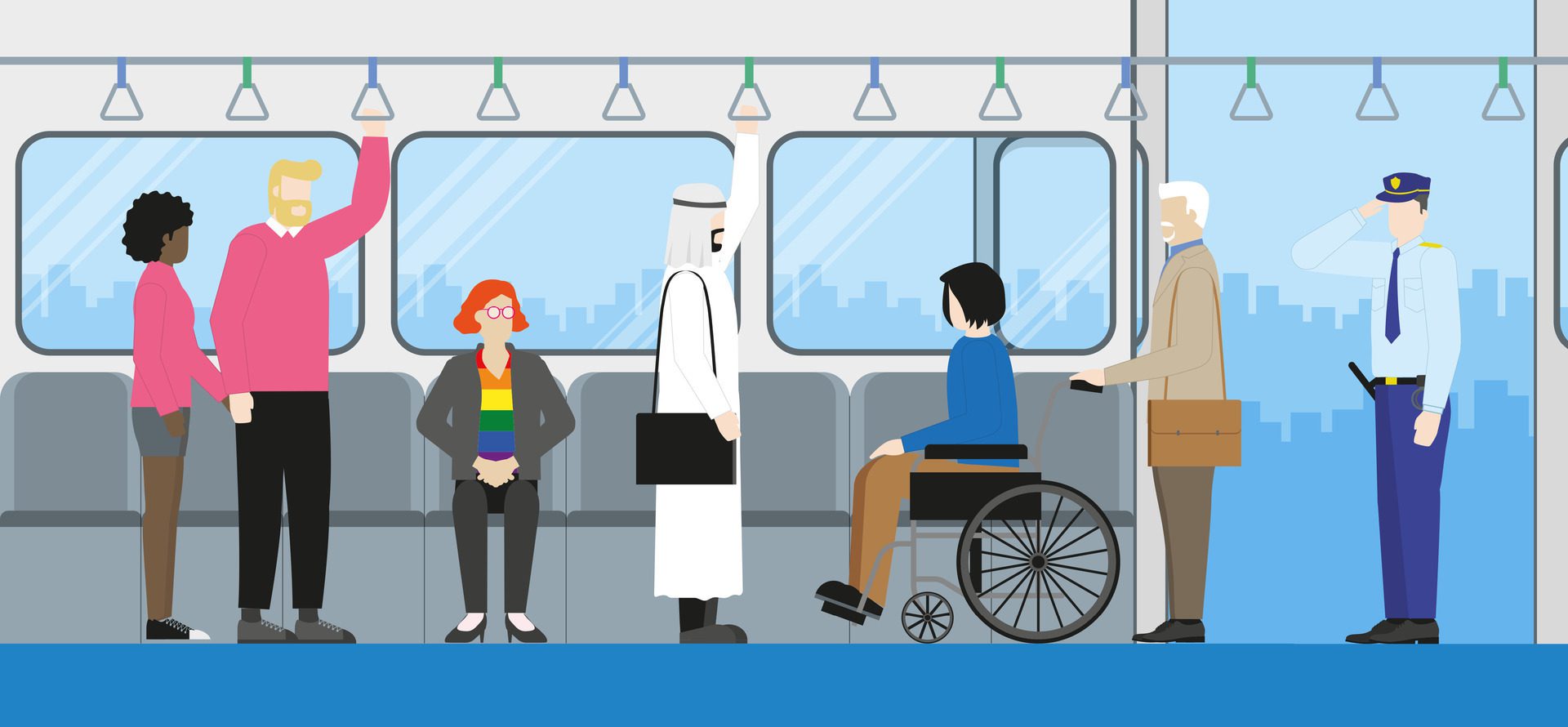 Diversity people standing inside the train at public transportation station. Free Vector