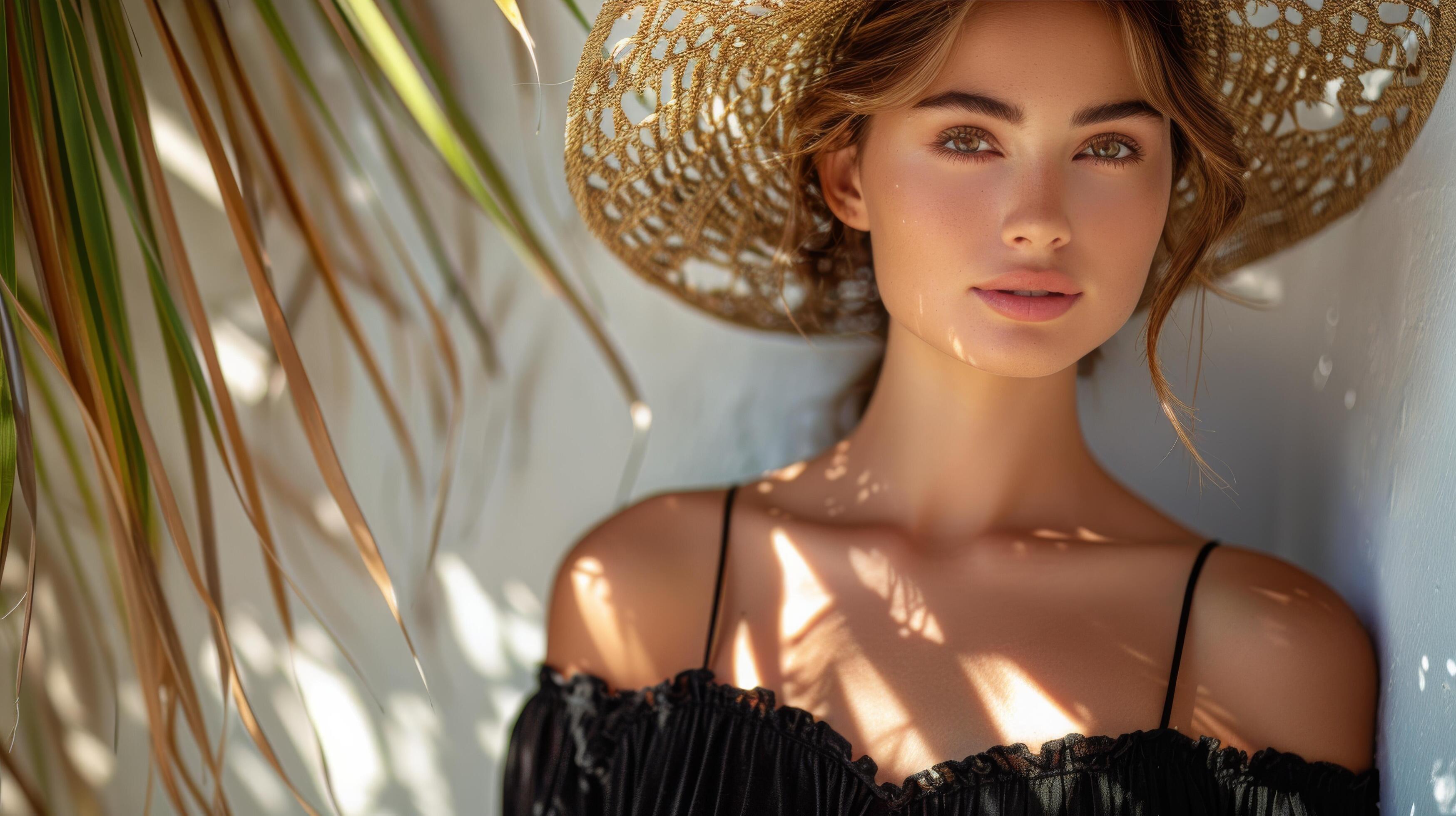 Woman in Straw Hat Leaning Against Wall Stock Free