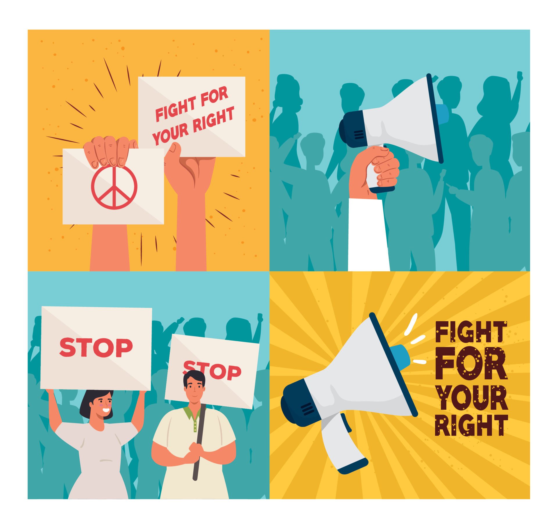 set scenes people on protests with placards, concept human right Free Vector