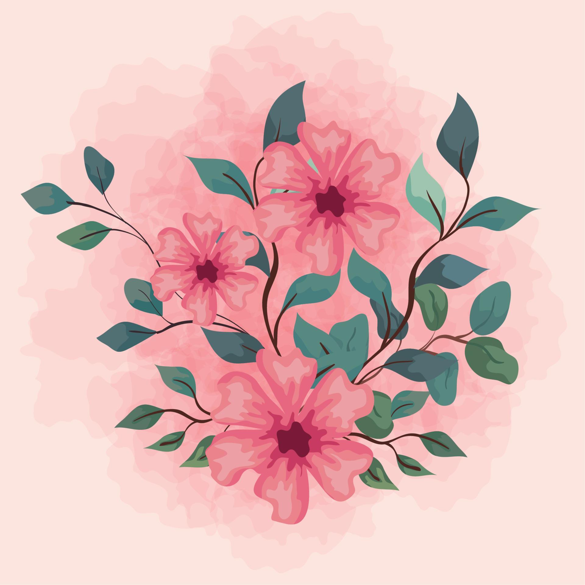 flowers pink color with branches and leaves, on white background Stock Free