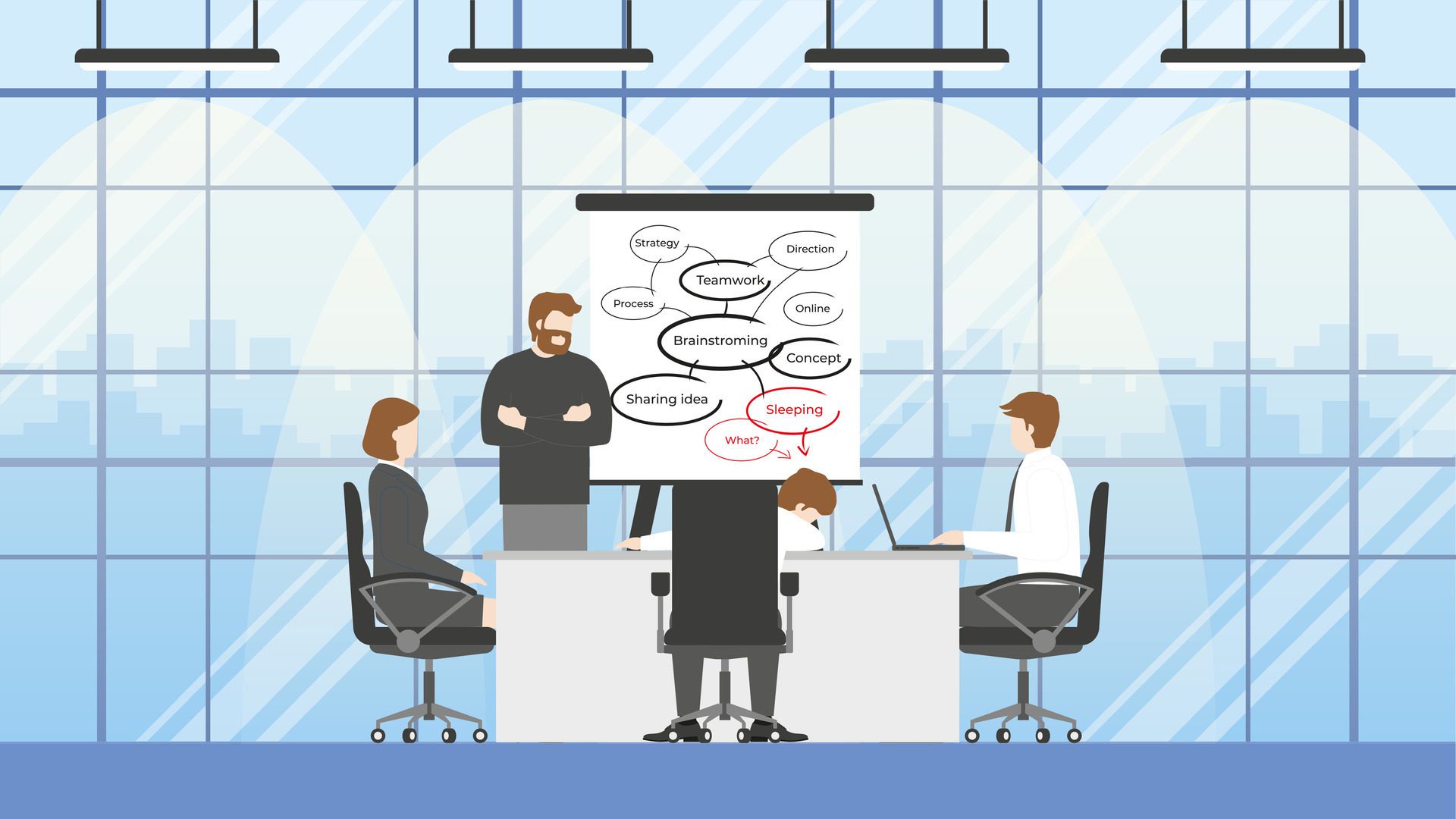 business people brainstorming meeting in conference room. Sleeping office man Free Vector