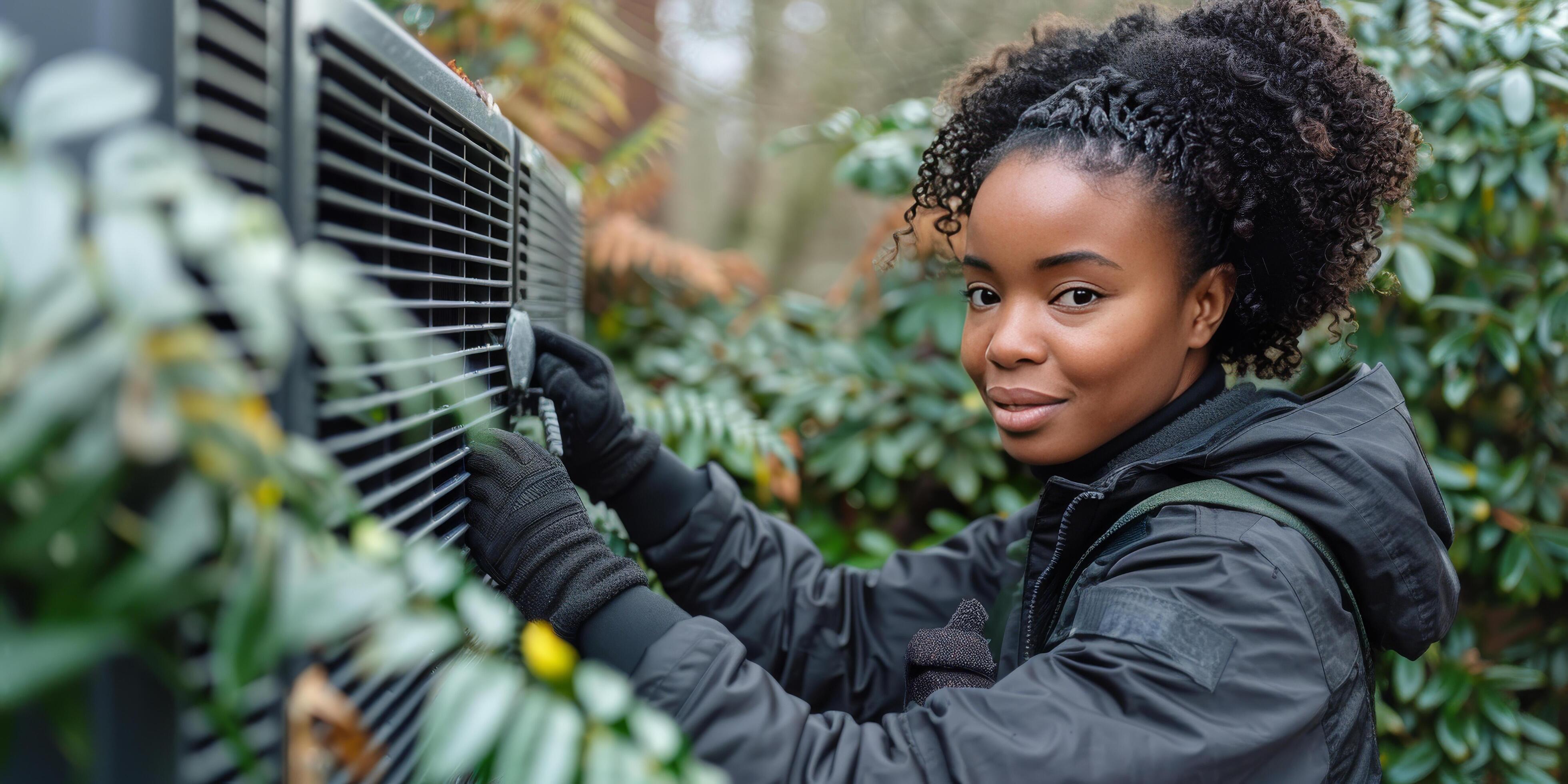 Woman Holding Air Conditioner in Black Jacket Stock Free