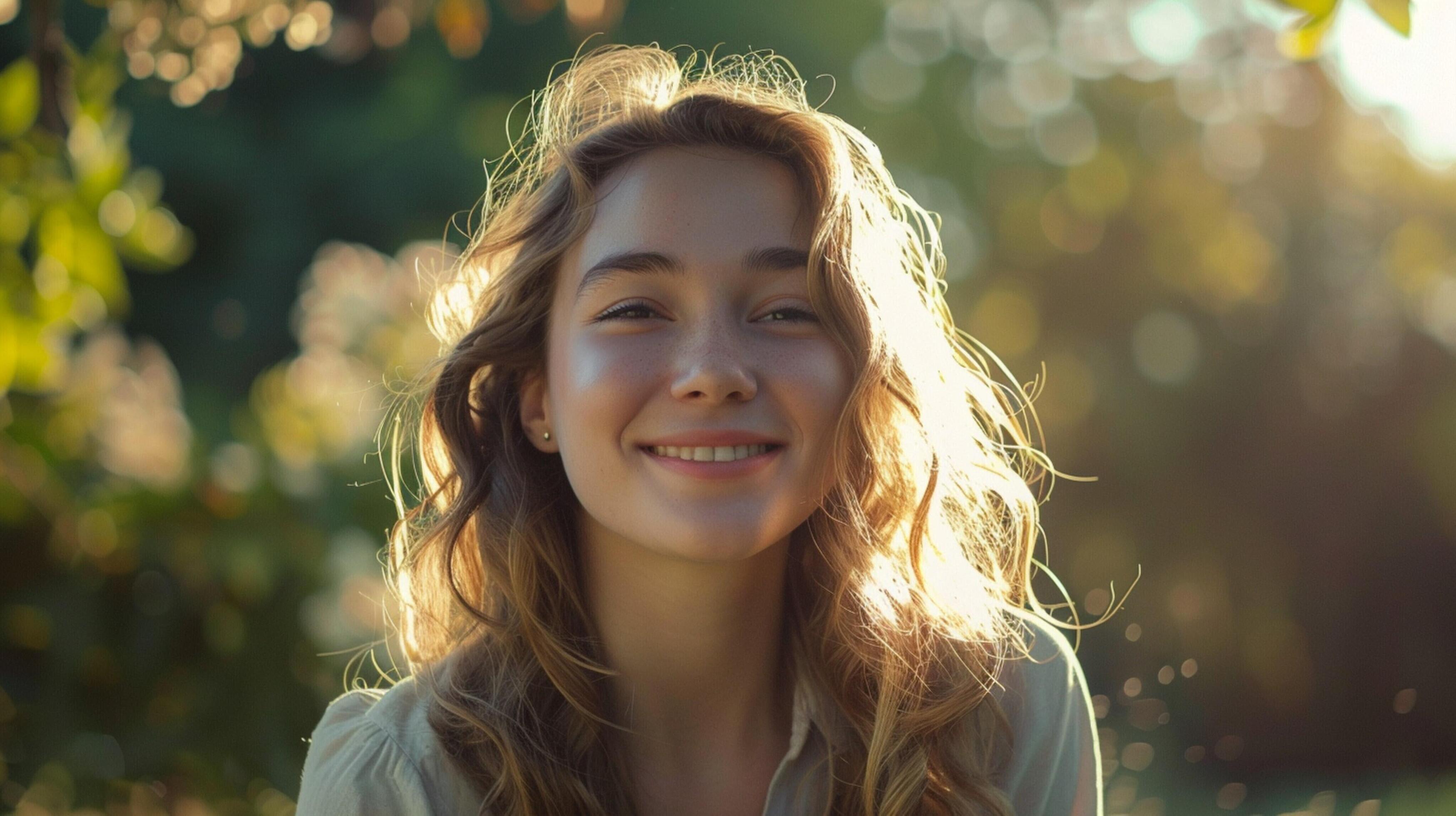 young woman smiling looking at camera surrounded Stock Free