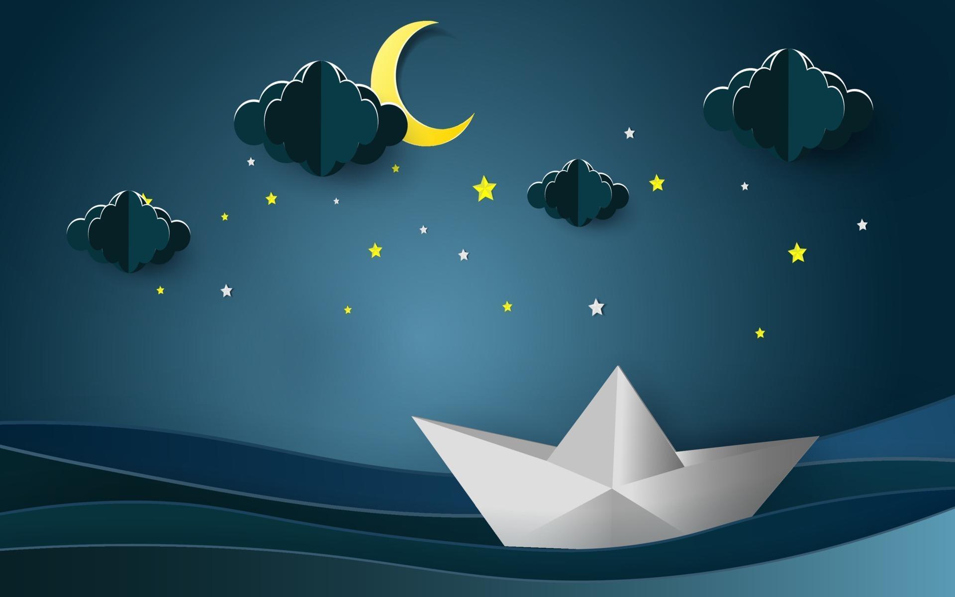 Sailboats on the ocean landscape with Moon and stars in night sky. Goodnight concept. Stock Free