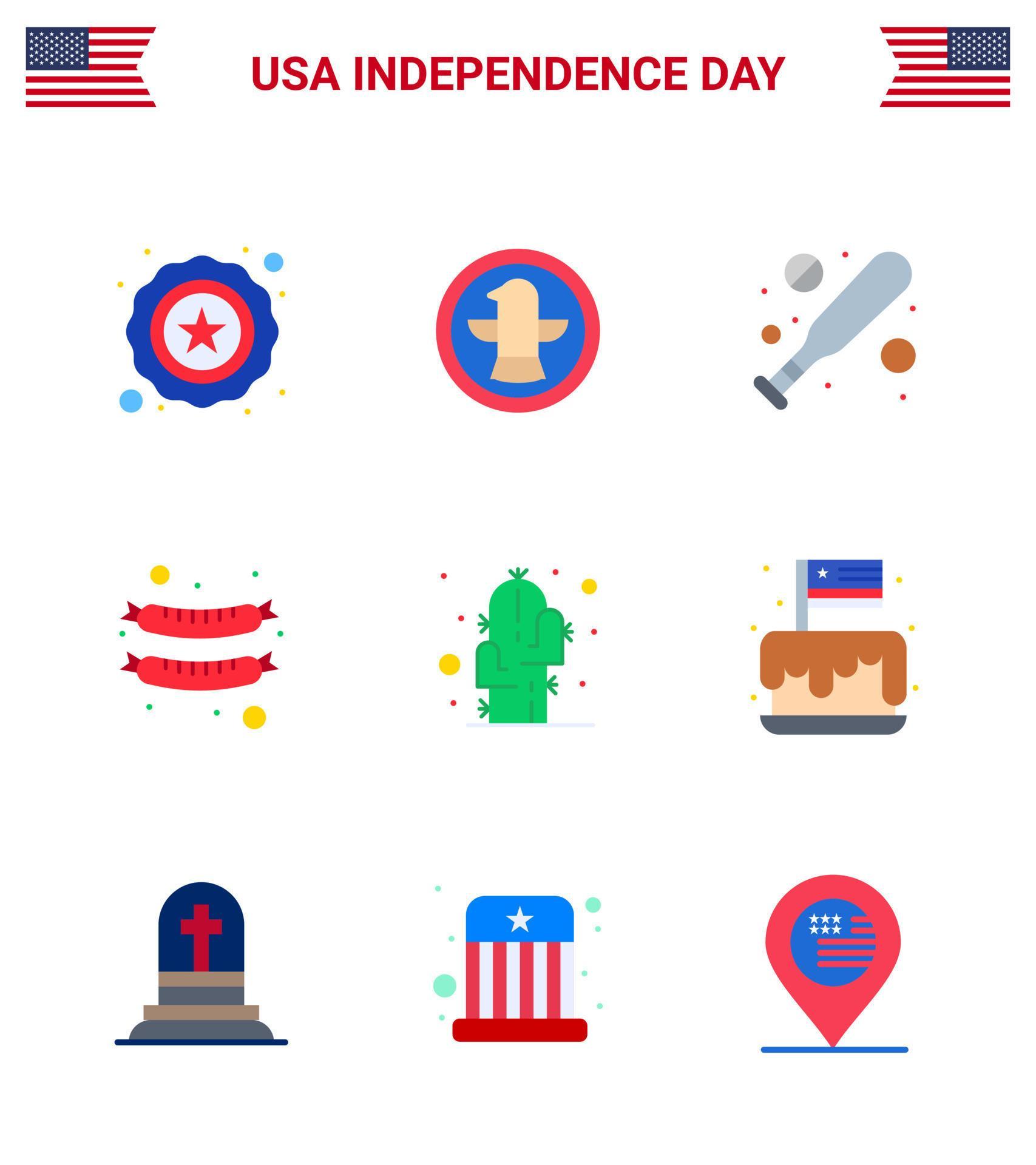 USA Happy Independence DayPictogram Set of 9 Simple Flats of festival plant bat flower sausage Editable USA Day Vector Design Elements Stock Free