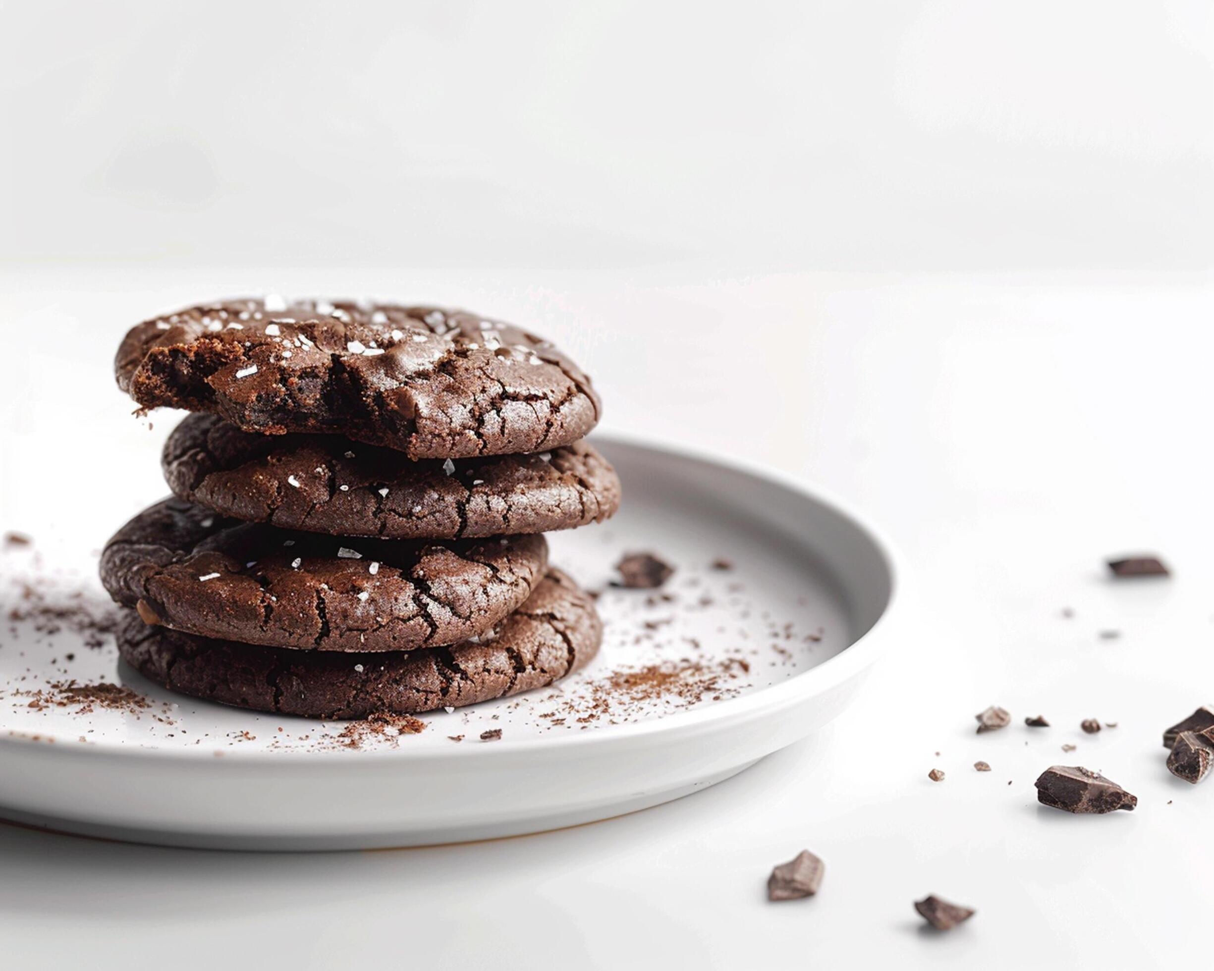 Chocolate cookies on a white plate with salt Stock Free