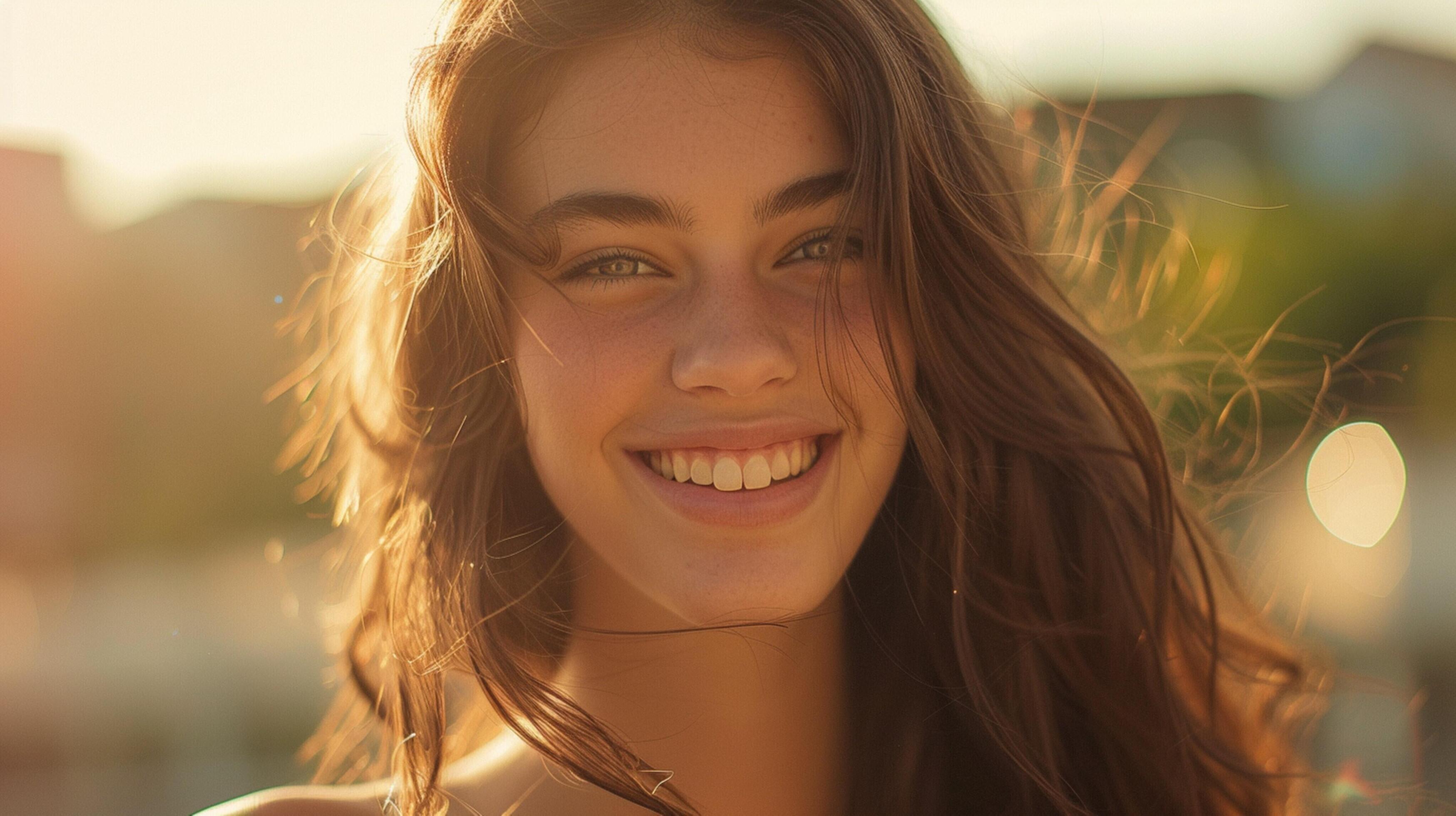 young woman with long brown hair smiling Stock Free