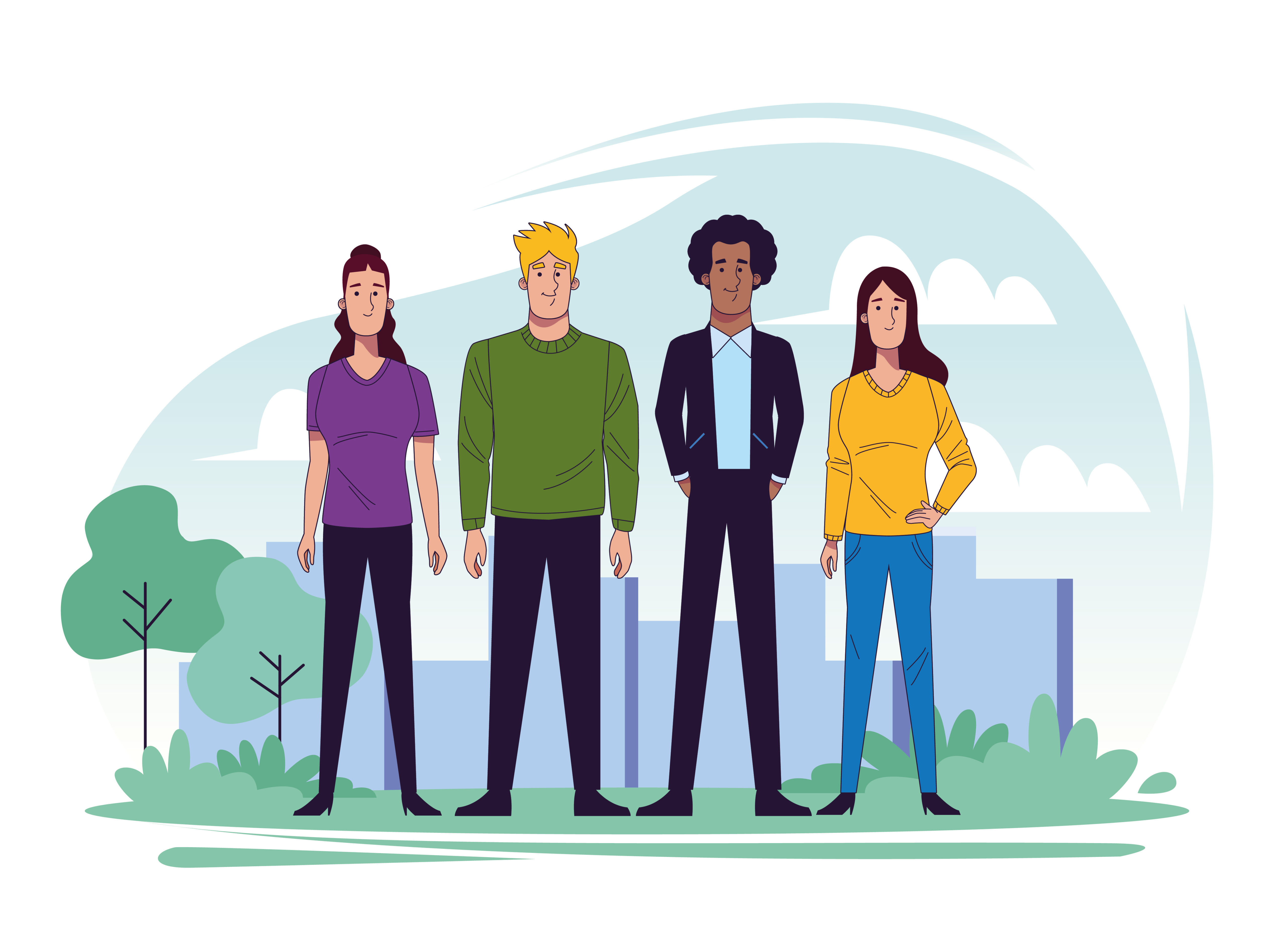 group of young people in landscape scene Free Vector