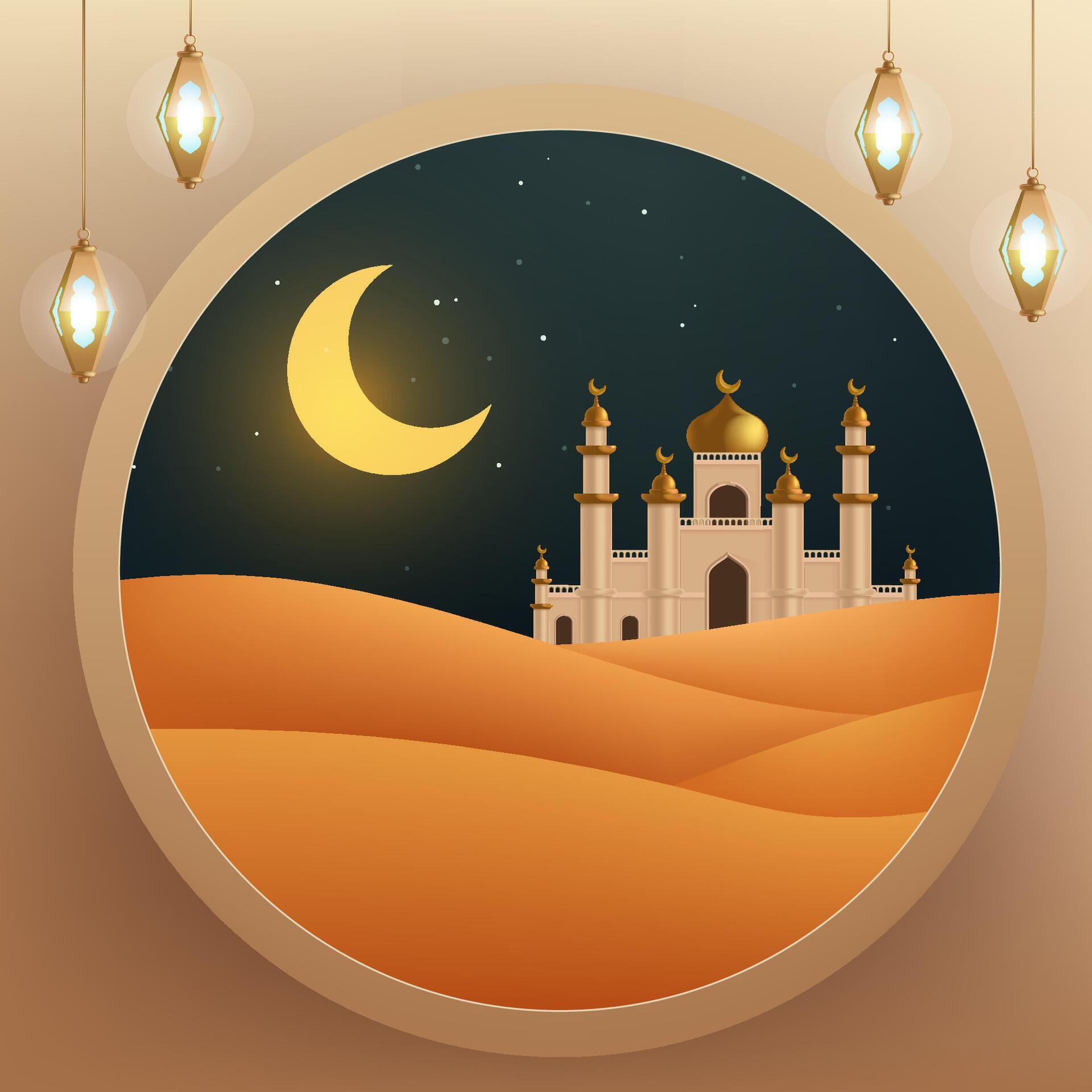 a painting of a mosque and a mosque with a moon and stars Stock Free