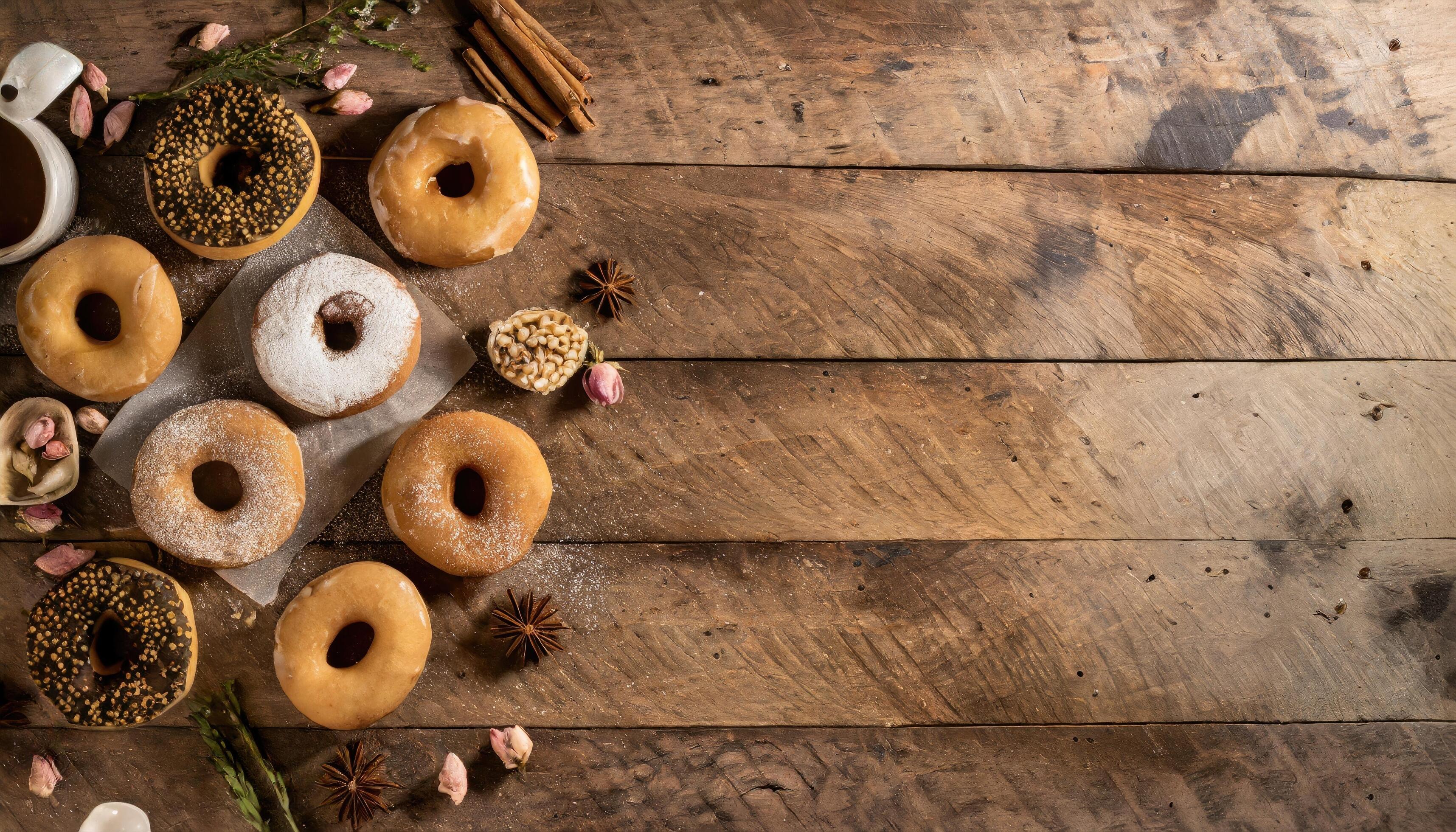 Copy Space image of Variety of donuts over a rustic background shot from overhead Stock Free